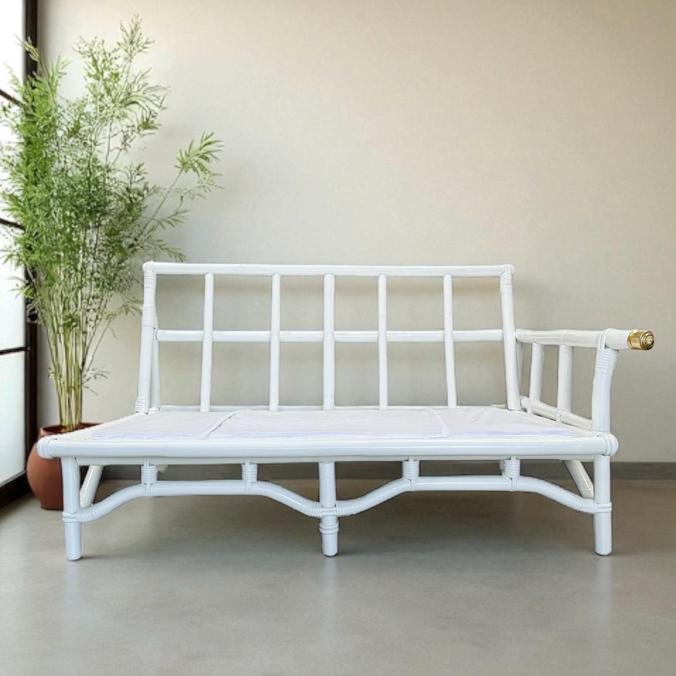 Ficks Reed White Rattan Sofa 50” - Vintage 1950s Midcentury One Arm Settee with Brass Floral Cap - John Wisner Loveseat