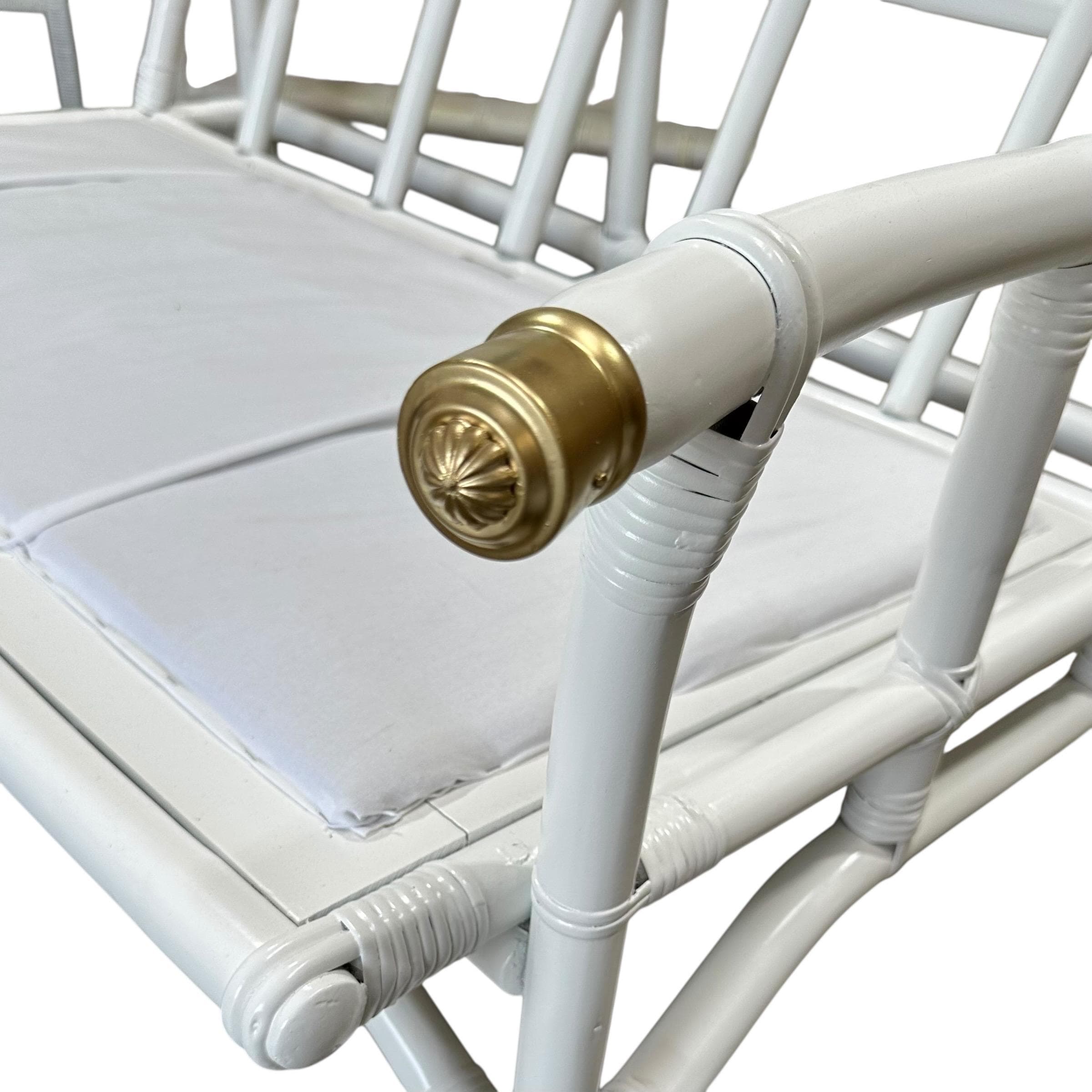 Ficks Reed White Rattan Sofa 50” - Vintage 1950s Midcentury One Arm Settee with Brass Floral Cap - John Wisner Loveseat - Thumbnail 3