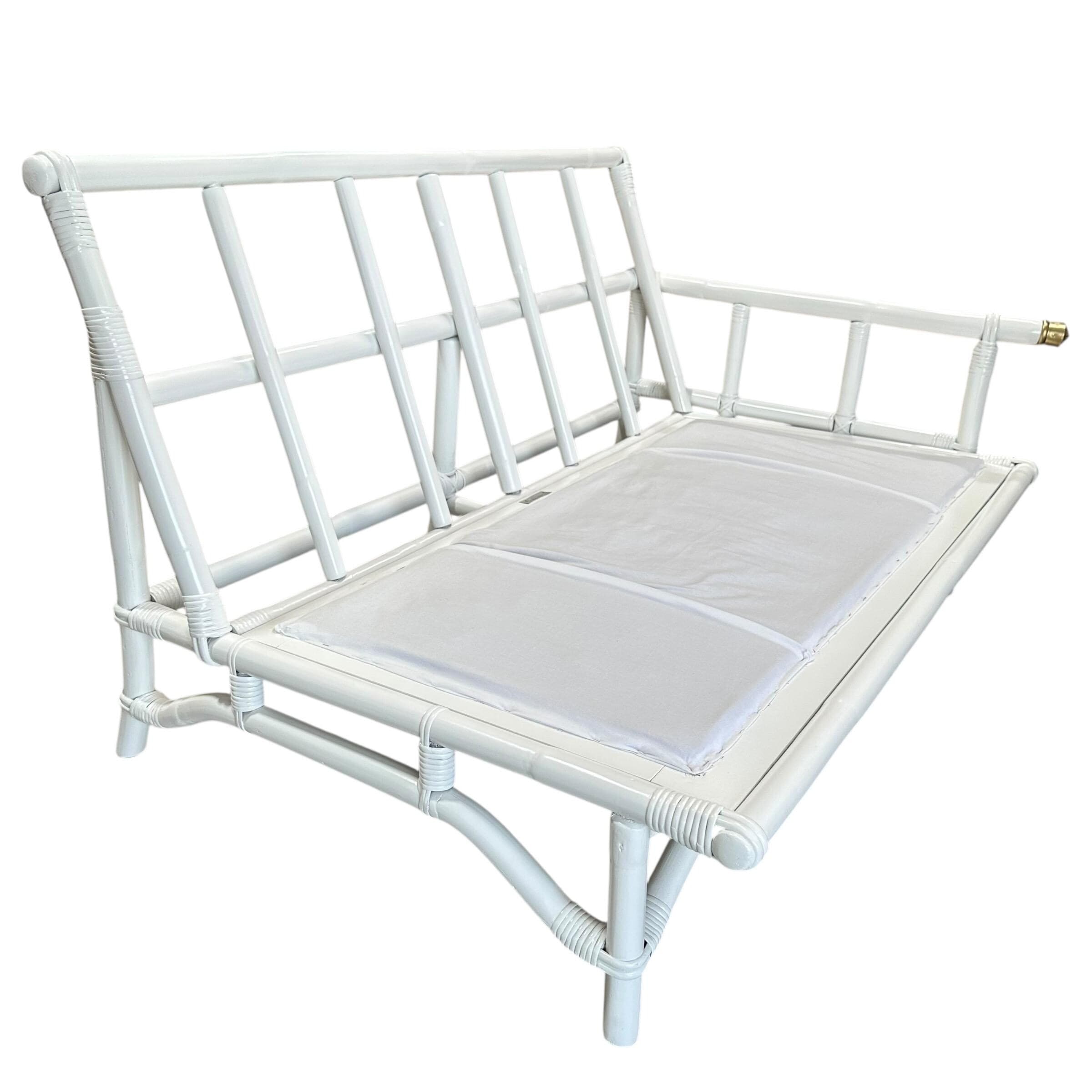Ficks Reed White Rattan Sofa 50” - Vintage 1950s Midcentury One Arm Settee with Brass Floral Cap - John Wisner Loveseat - Thumbnail 4