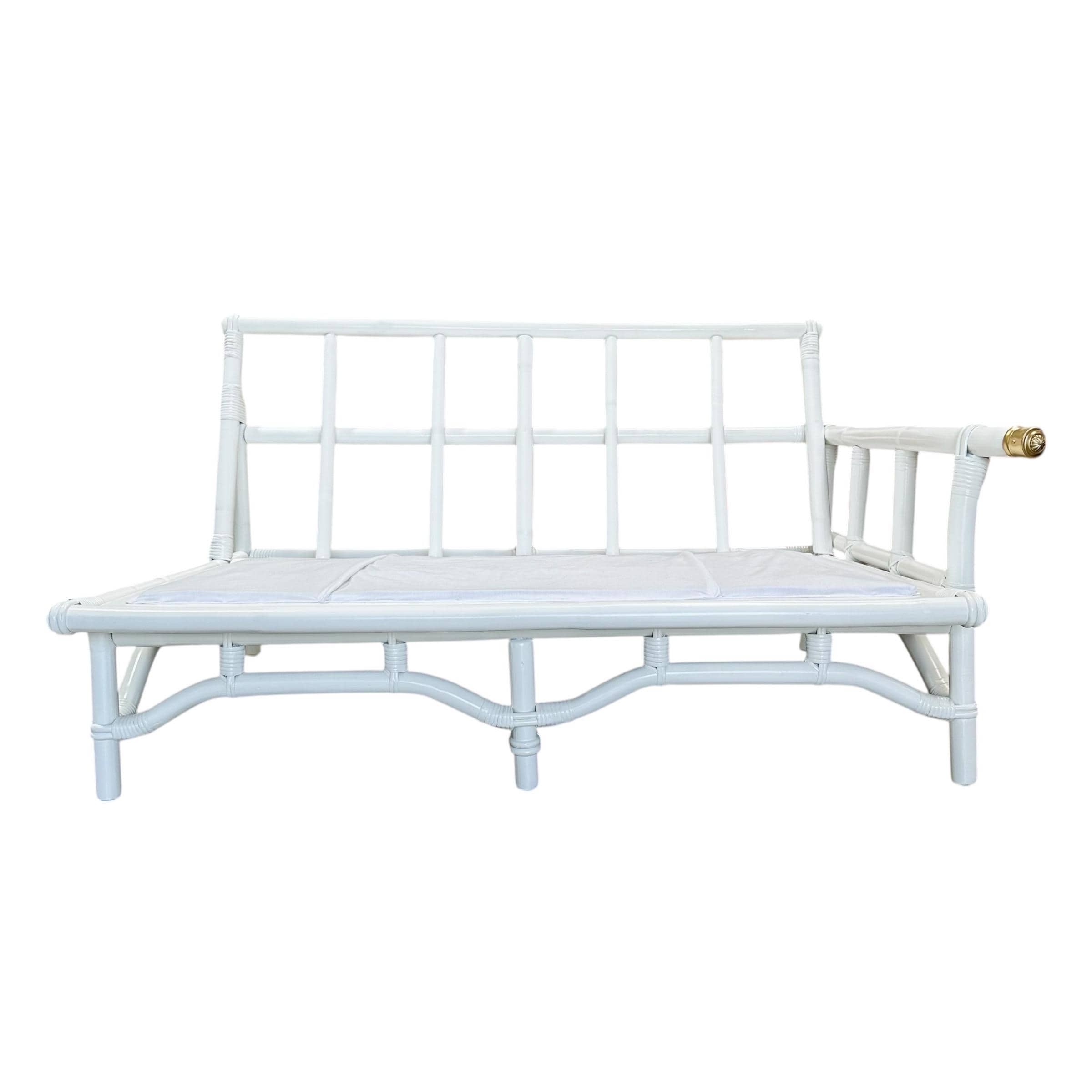 Ficks Reed White Rattan Sofa 50” - Vintage 1950s Midcentury One Arm Settee with Brass Floral Cap - John Wisner Loveseat - Thumbnail 10