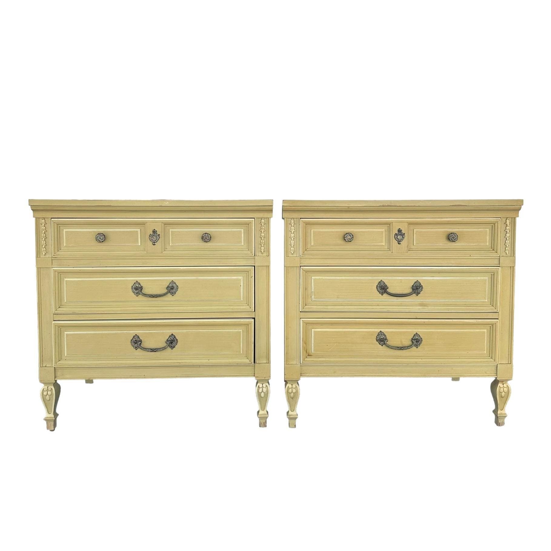 French Country Nightstands 30" Tall by Dixie Furniture - Set of 2 Vintage Yellow Chartreuse Wood Provincial 3 Drawer Chests End Tables Pair - Image 1