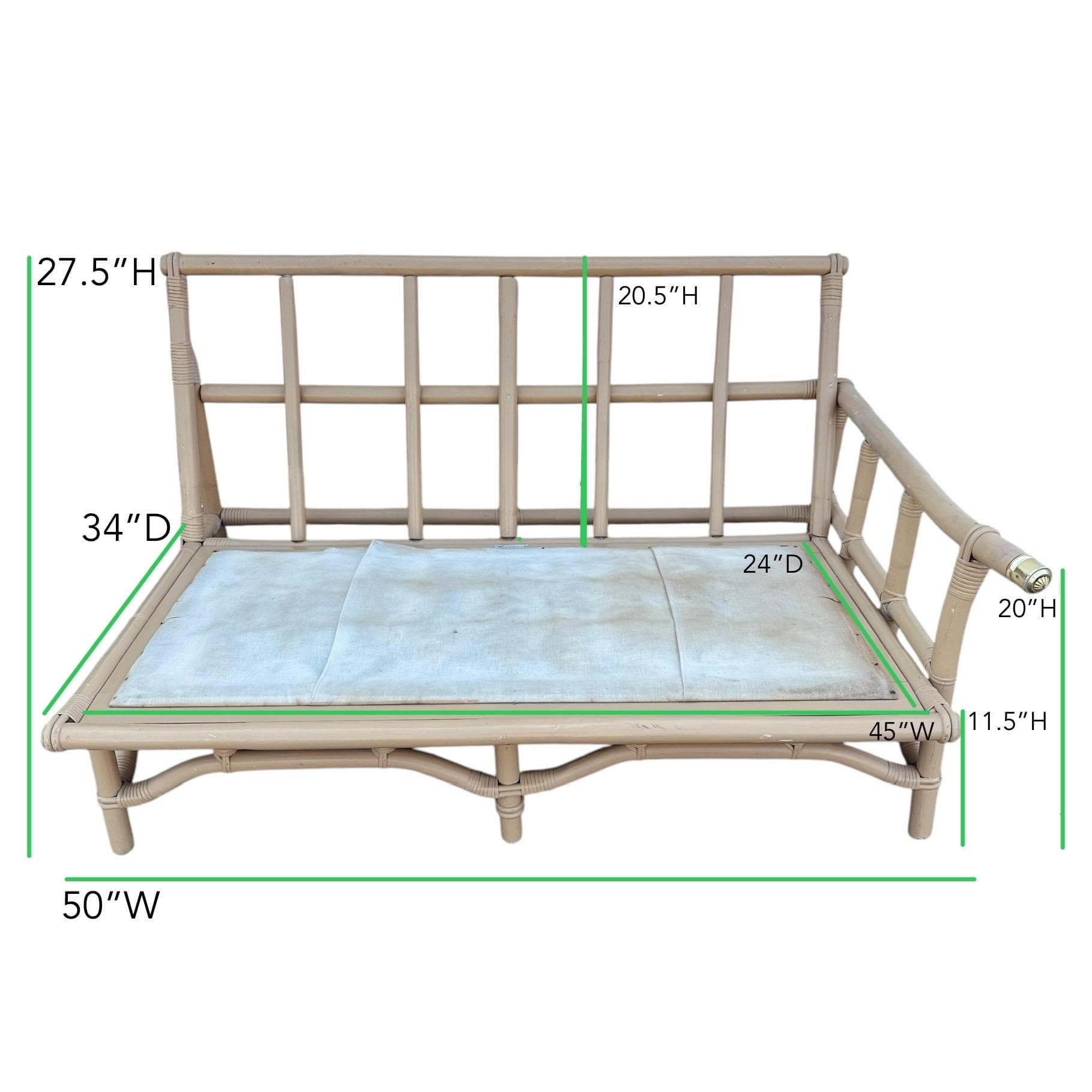 Ficks Reed White Rattan Sofa 50” - Vintage 1950s Midcentury One Arm Settee with Brass Floral Cap - John Wisner Loveseat - Thumbnail 9