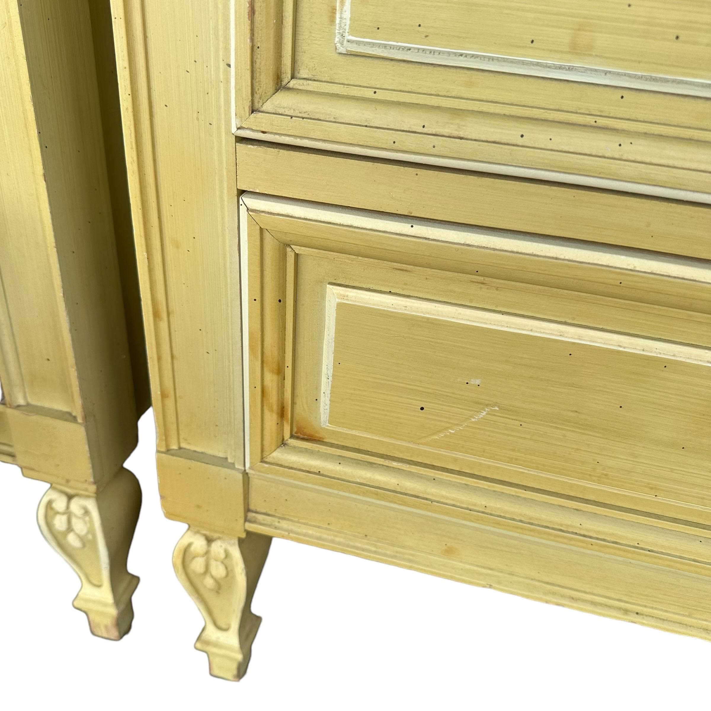 French Country Nightstands 30" Tall by Dixie Furniture - Set of 2 Vintage Yellow Chartreuse Wood Provincial 3 Drawer Chests End Tables Pair - Thumbnail 7
