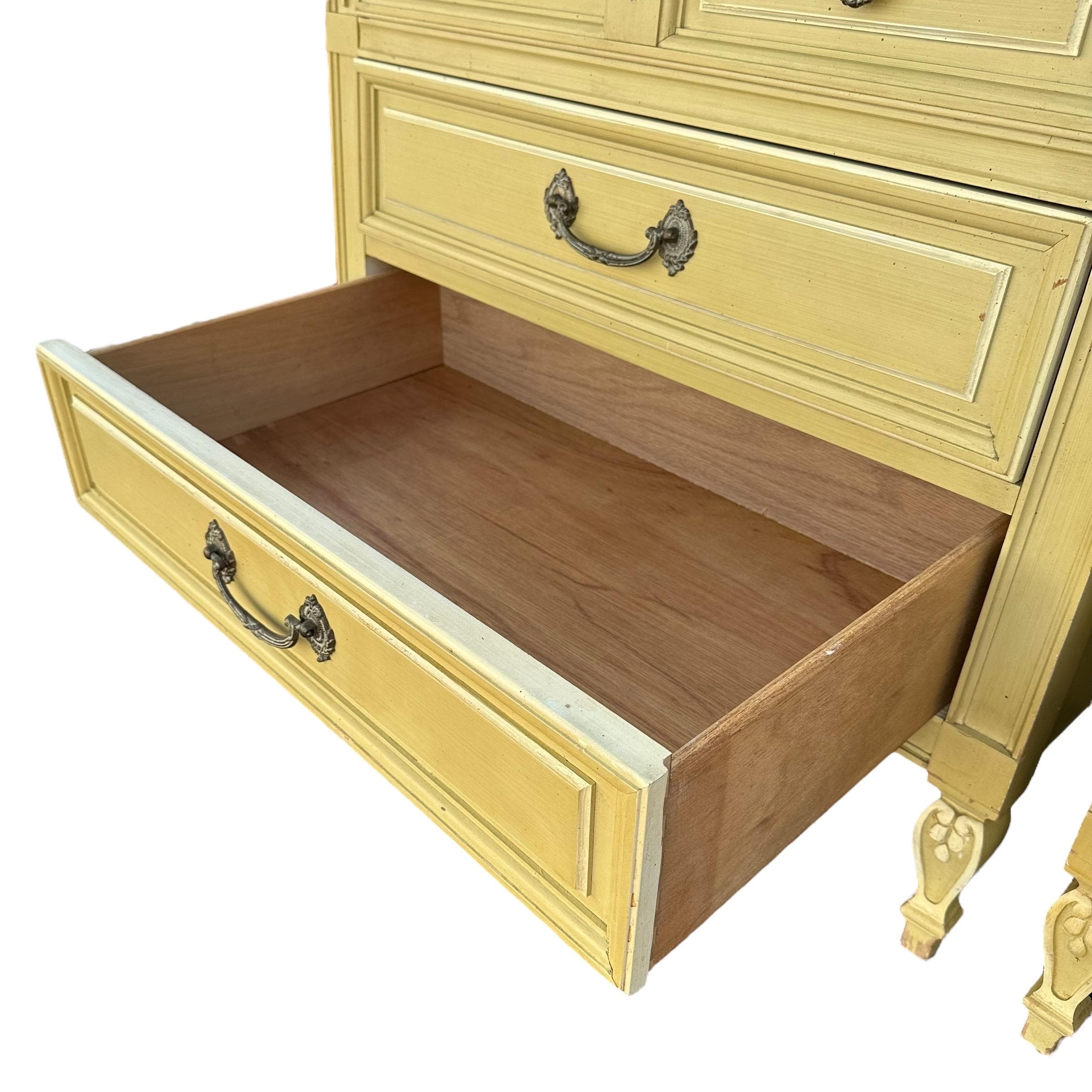 French Country Nightstands 30" Tall by Dixie Furniture - Set of 2 Vintage Yellow Chartreuse Wood Provincial 3 Drawer Chests End Tables Pair - Thumbnail 5