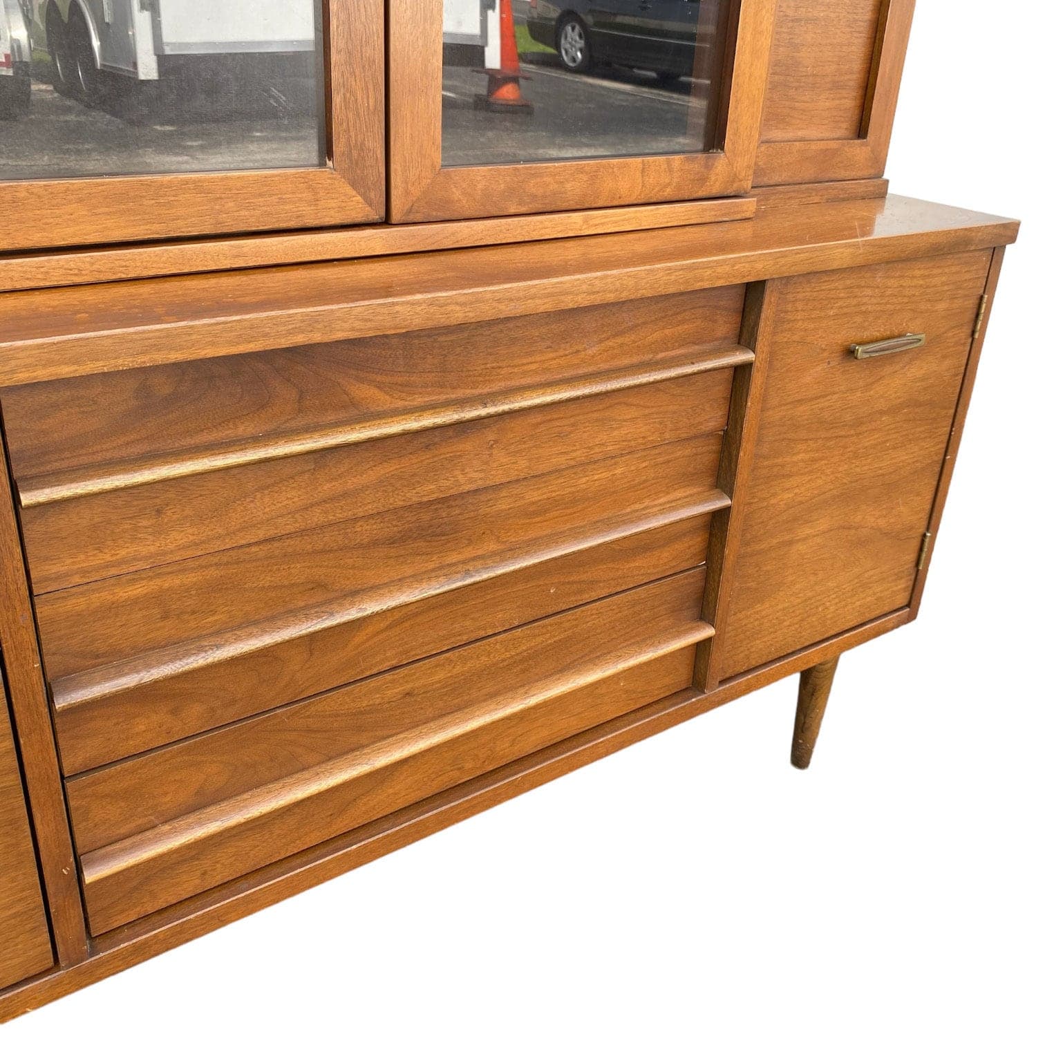 MidCentury Modern China Cabinet with Glass Display Wood Hutch and 3 Dovetailed Drawers - Vintage MCM Walnut Wooden Furniture - Thumbnail 4