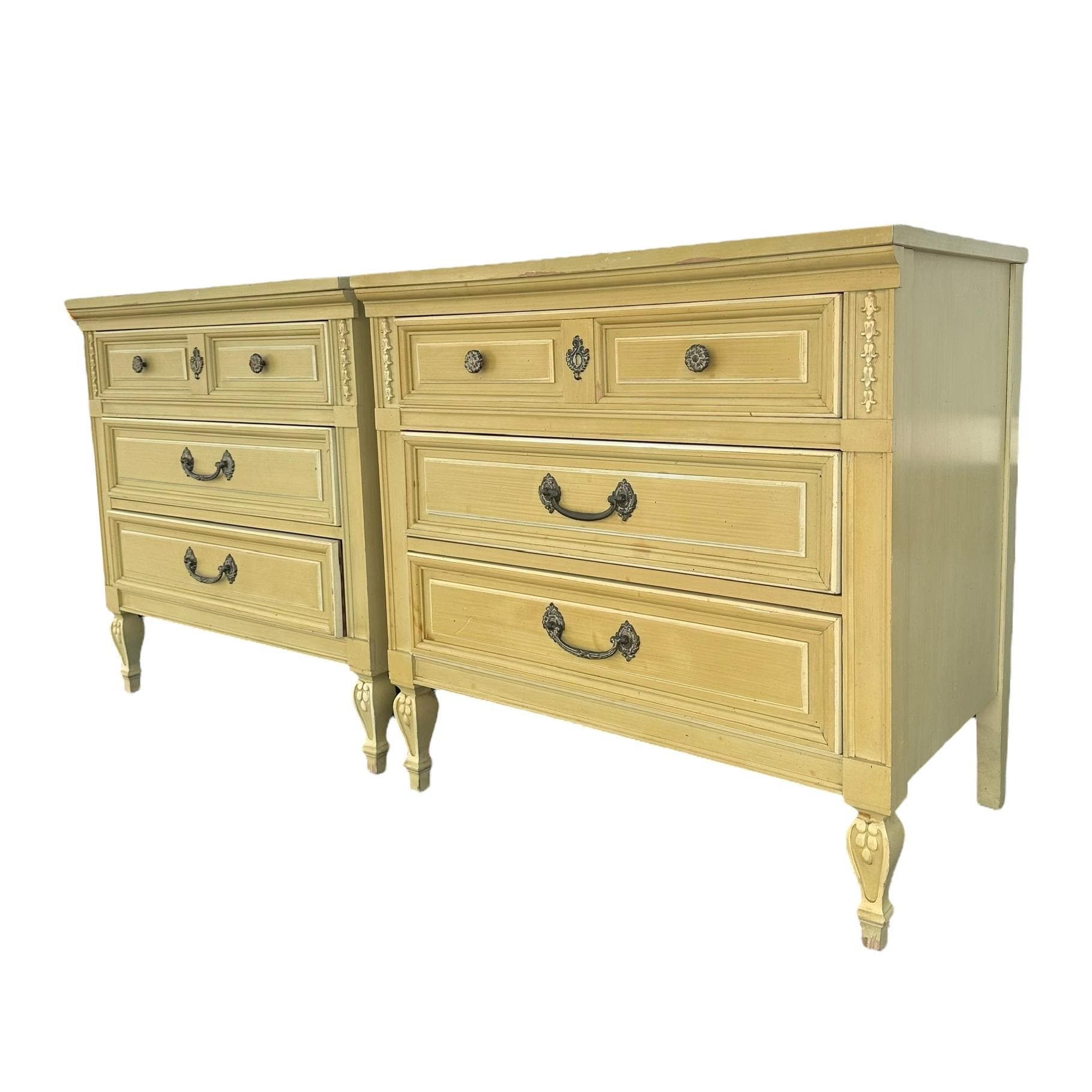 French Country Nightstands 30" Tall by Dixie Furniture - Set of 2 Vintage Yellow Chartreuse Wood Provincial 3 Drawer Chests End Tables Pair - Thumbnail 2