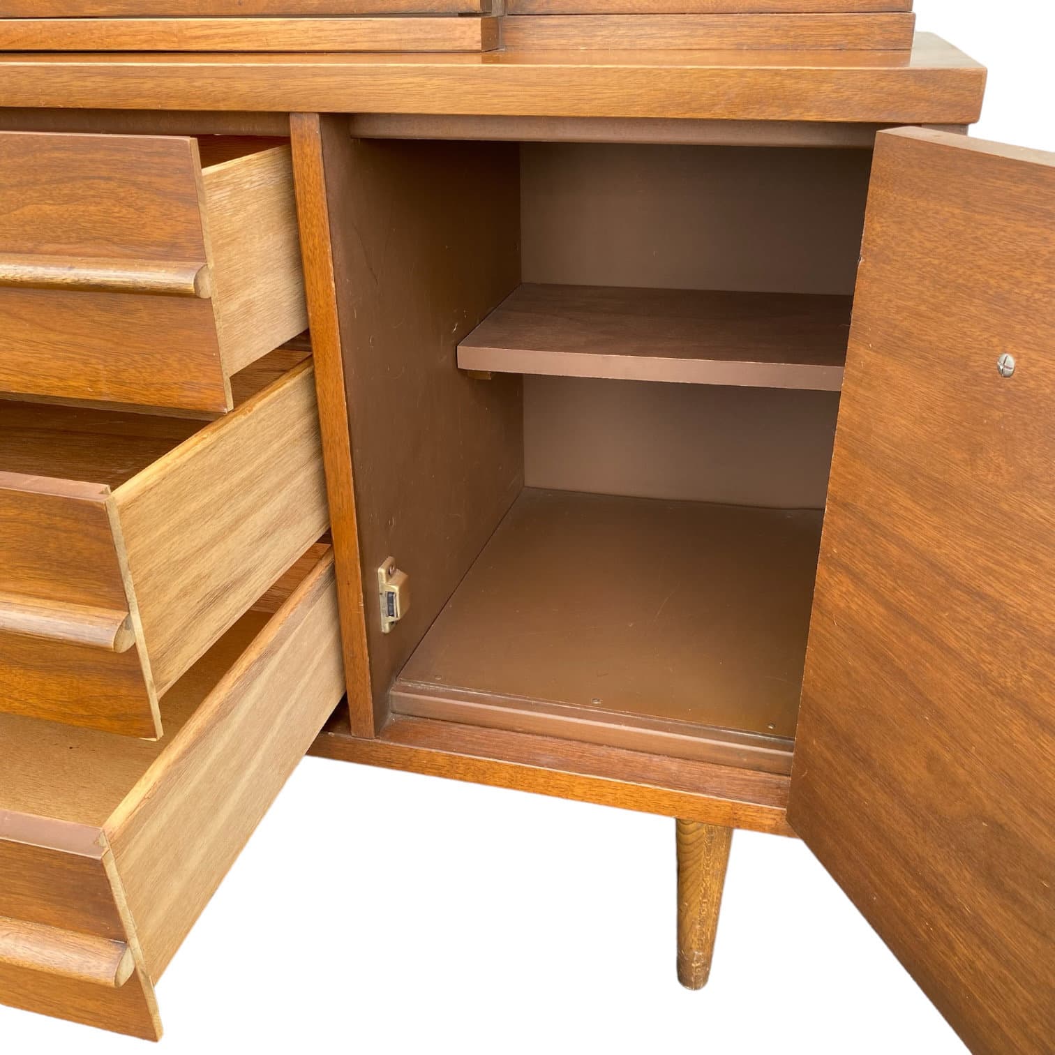 MidCentury Modern China Cabinet with Glass Display Wood Hutch and 3 Dovetailed Drawers - Vintage MCM Walnut Wooden Furniture - Thumbnail 6