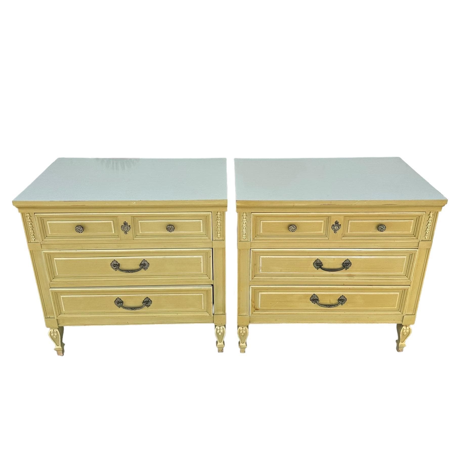 French Country Nightstands 30" Tall by Dixie Furniture - Set of 2 Vintage Yellow Chartreuse Wood Provincial 3 Drawer Chests End Tables Pair - Thumbnail 9