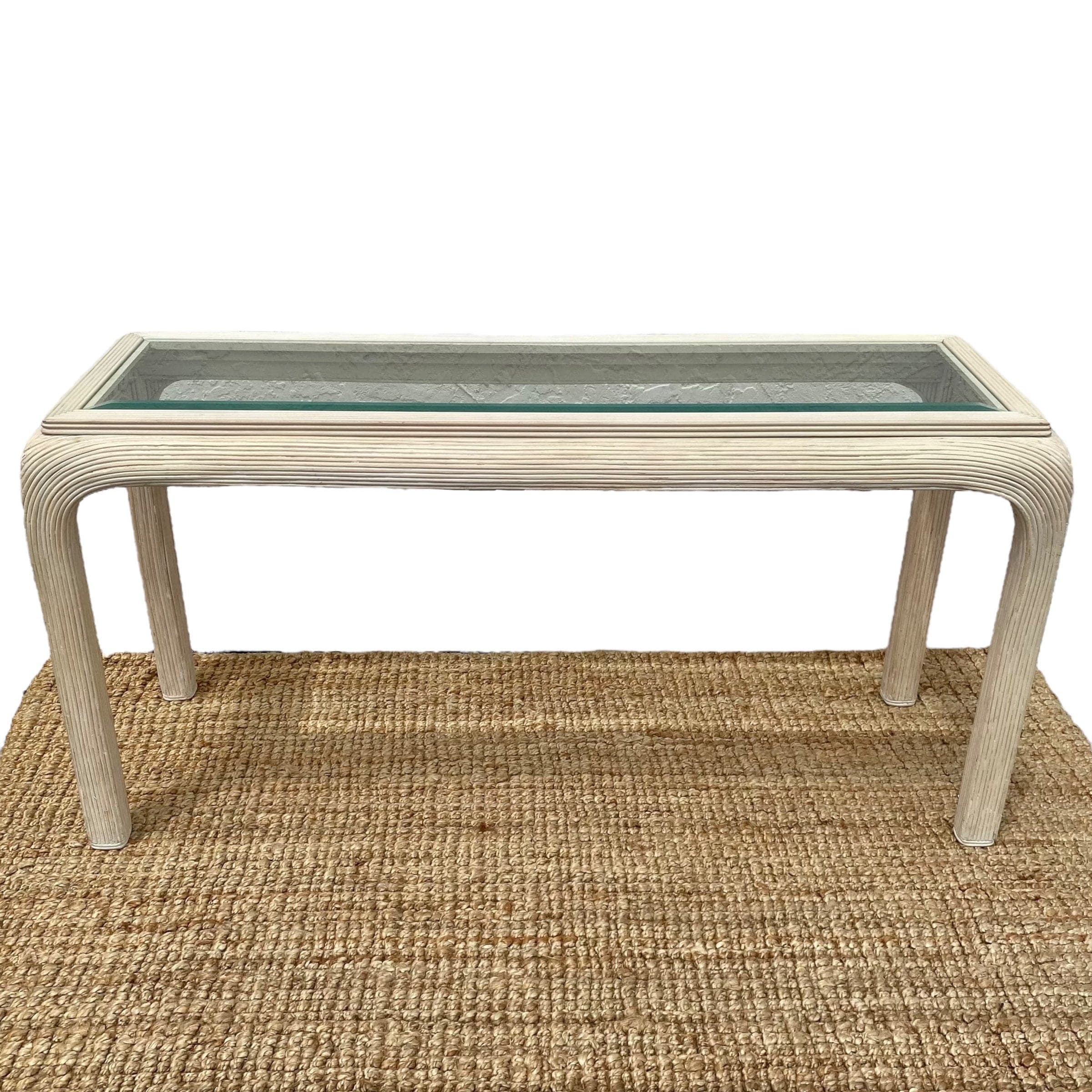 Pencil Reed Console Table with Waterfall Edges & Beveled Glass Top - Vintage Hollywood Regency Postmodern Furniture - Image 1