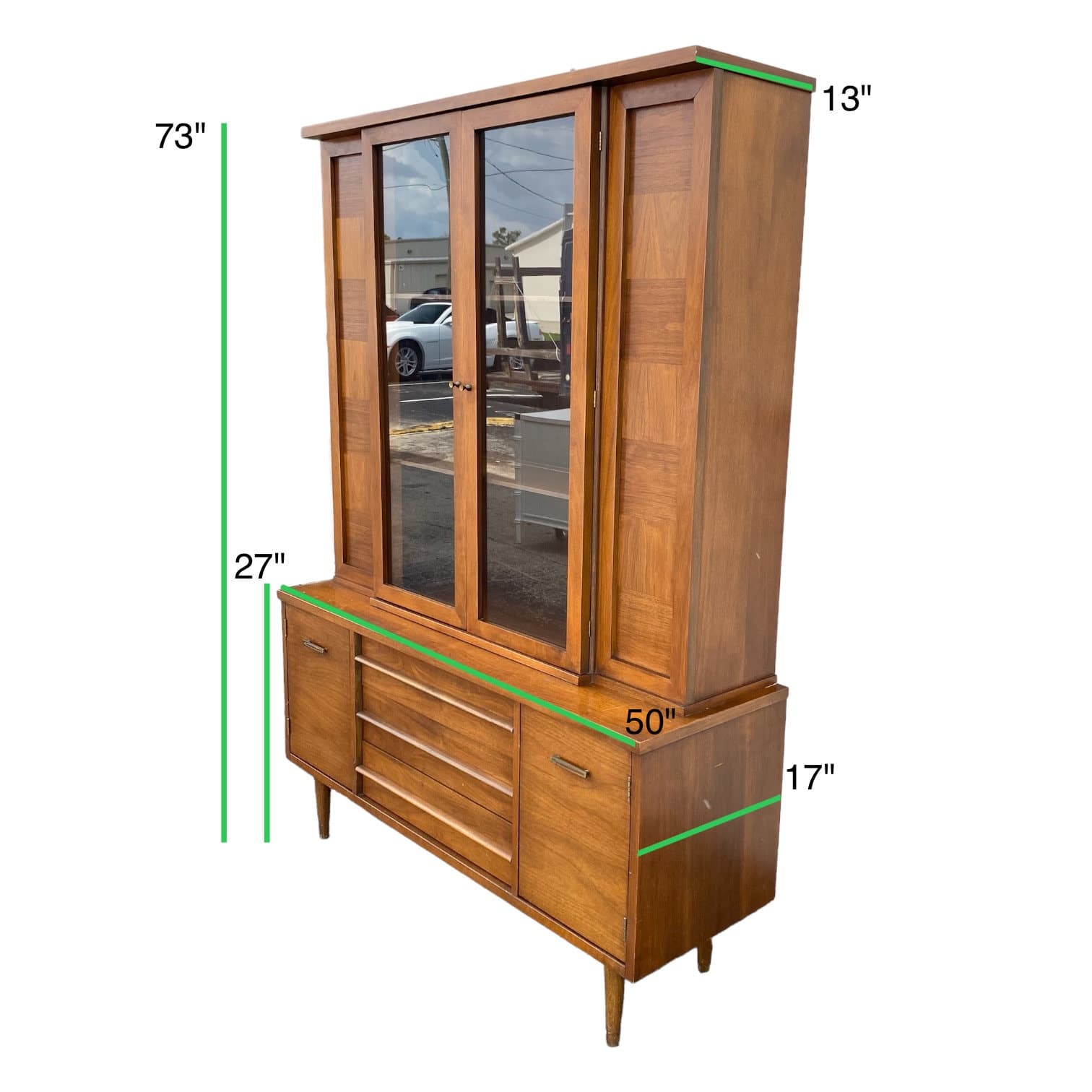 MidCentury Modern China Cabinet with Glass Display Wood Hutch and 3 Dovetailed Drawers - Vintage MCM Walnut Wooden Furniture - Thumbnail 10