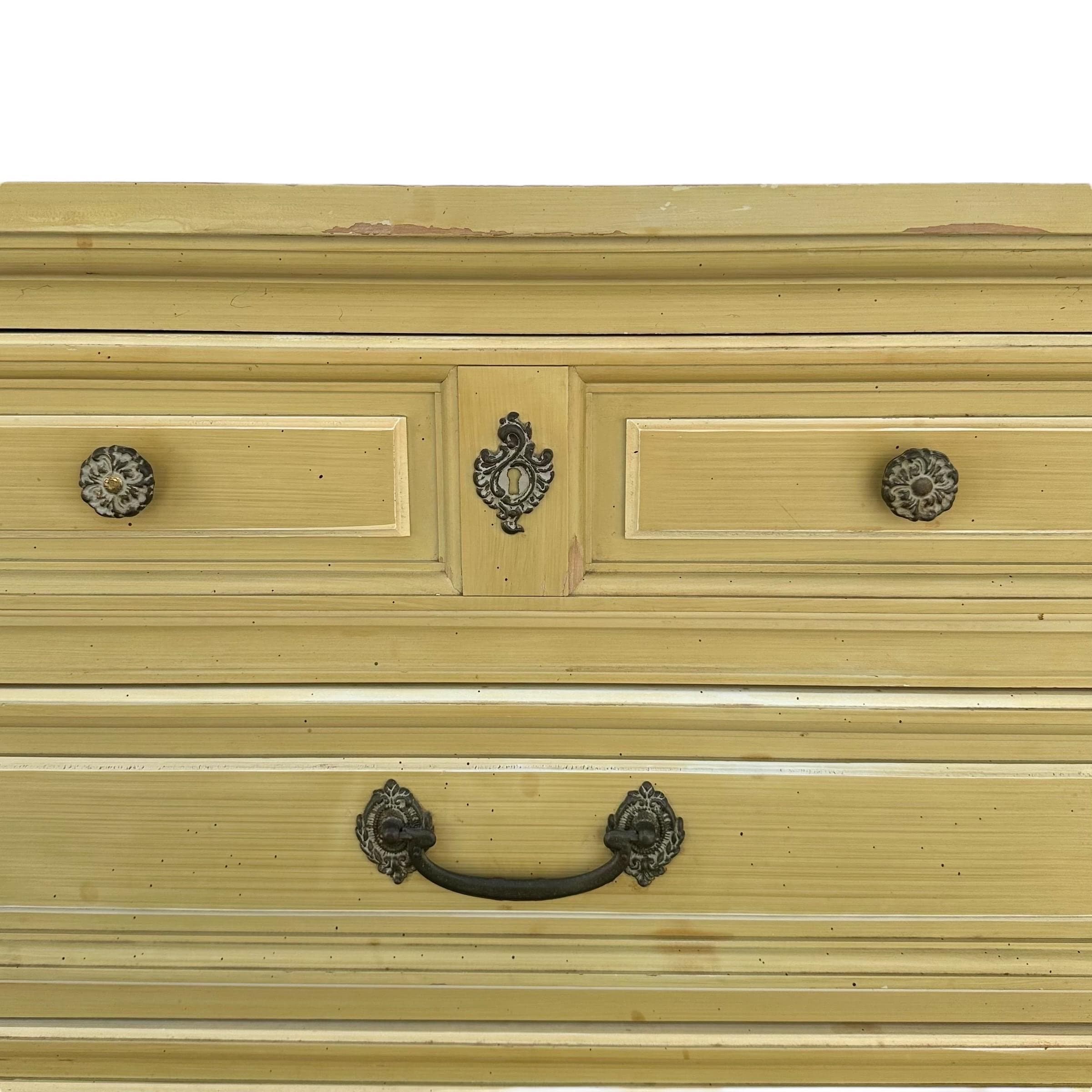 French Country Nightstands 30" Tall by Dixie Furniture - Set of 2 Vintage Yellow Chartreuse Wood Provincial 3 Drawer Chests End Tables Pair - Thumbnail 8