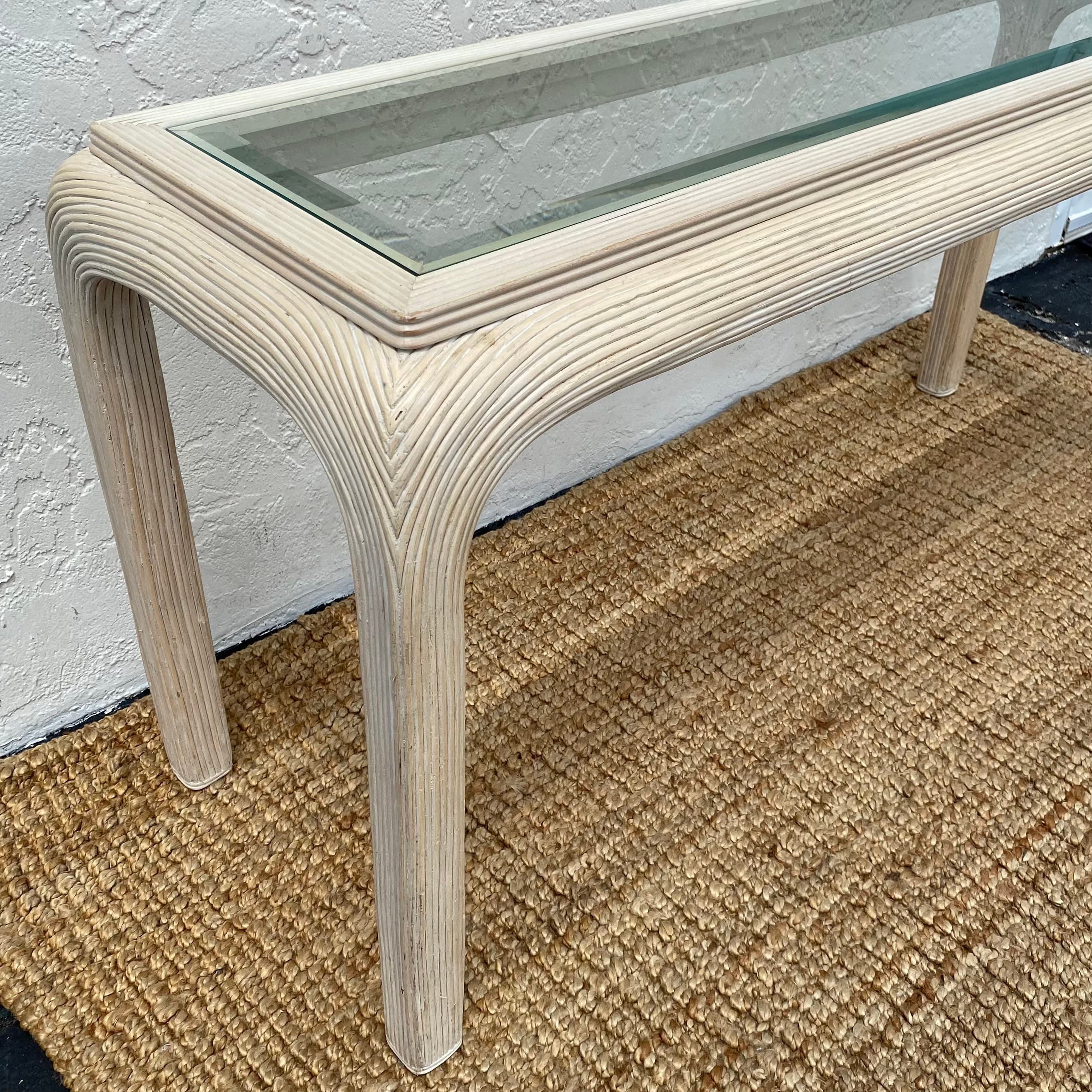 Pencil Reed Console Table with Waterfall Edges & Beveled Glass Top - Vintage Hollywood Regency Postmodern Furniture - Thumbnail 3