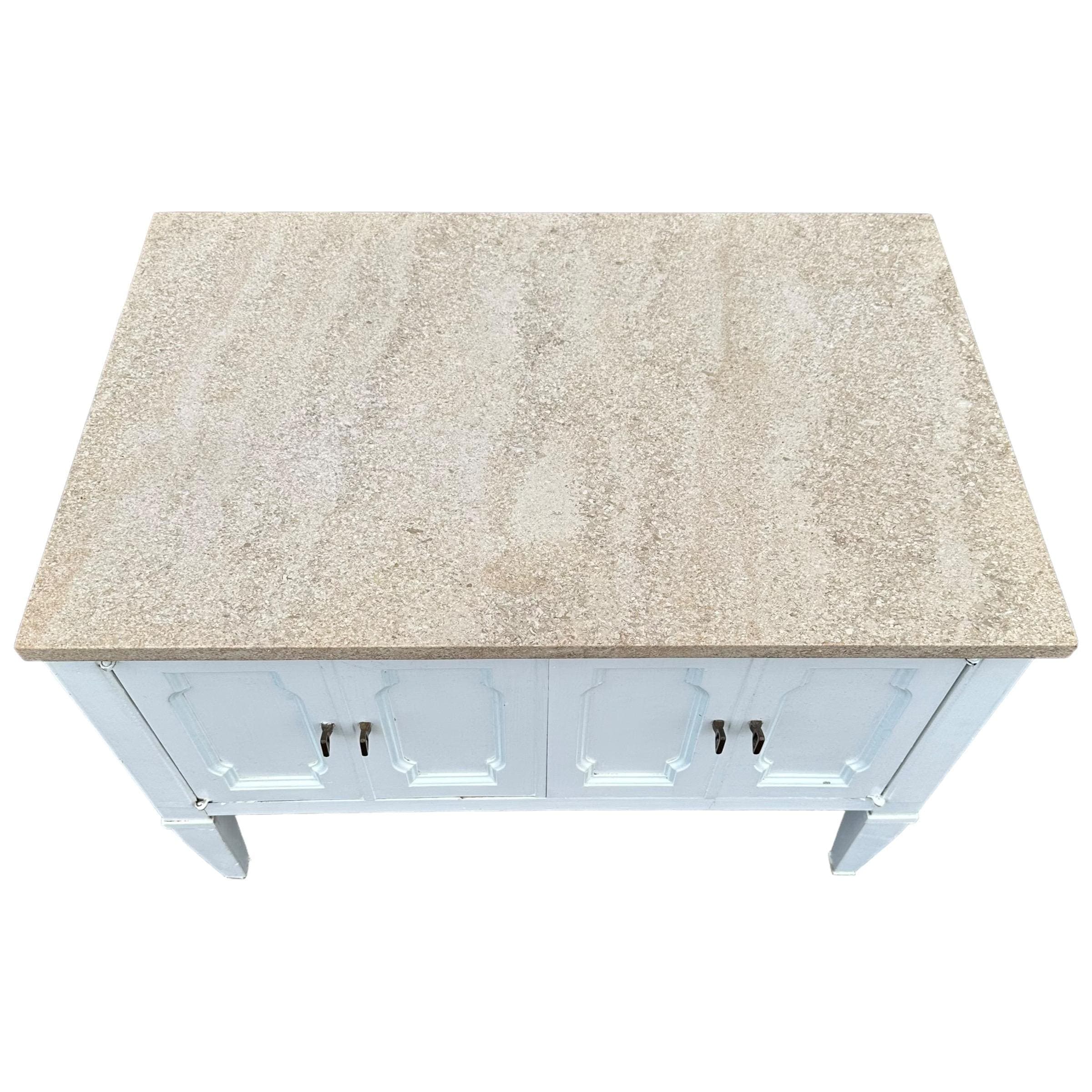 White End Table with Terrazzo Stone Top 28x18x22”H - Vintage Commode Nightstand or Accent Storage Cabinet in French Country Style - Thumbnail 2