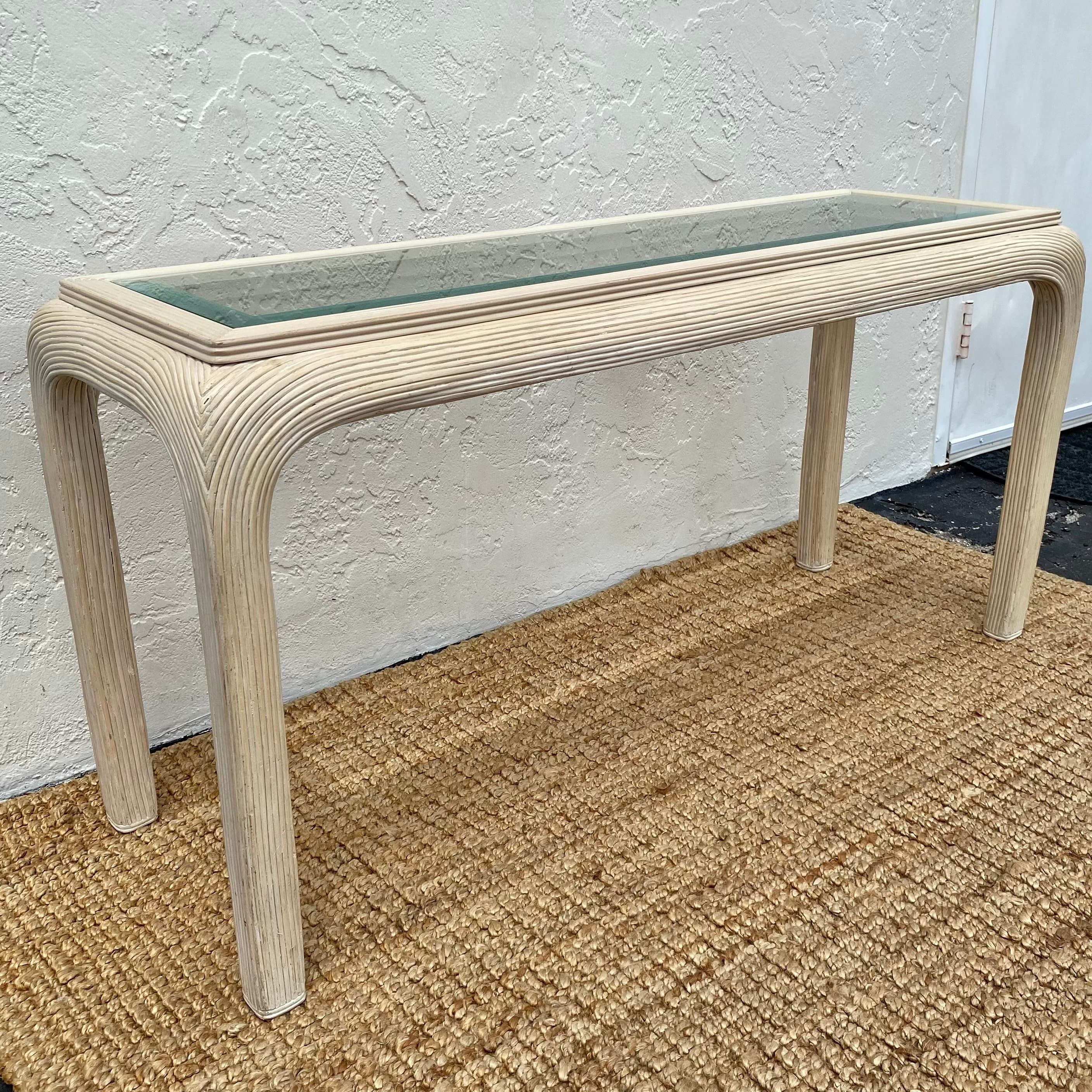 Pencil Reed Console Table with Waterfall Edges & Beveled Glass Top - Vintage Hollywood Regency Postmodern Furniture - Thumbnail 10