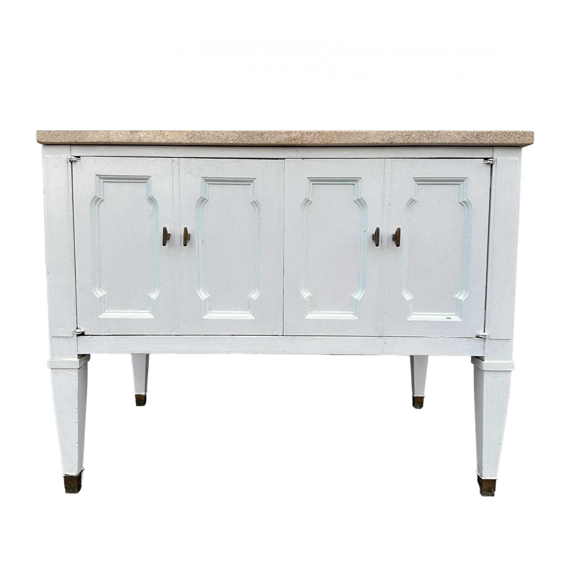White End Table with Terrazzo Stone Top 28x18x22”H - Vintage Commode Nightstand or Accent Storage Cabinet in French Country Style - Image 1