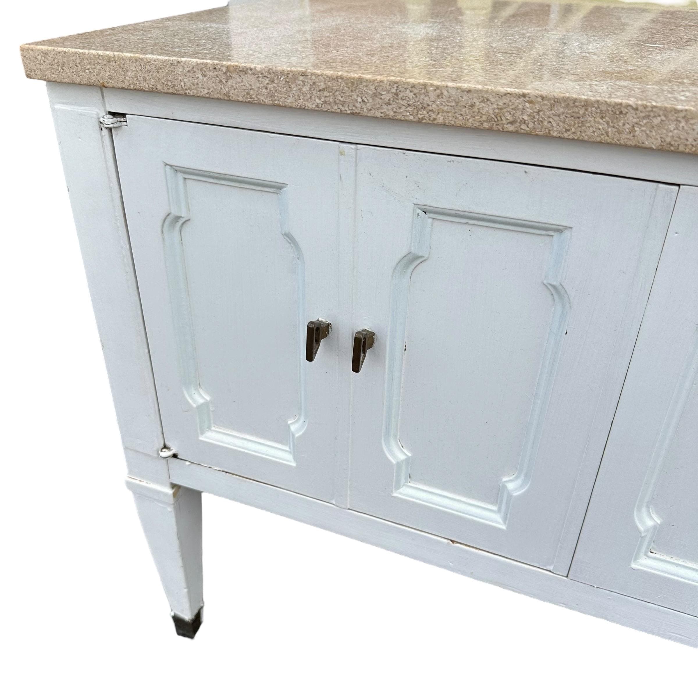 White End Table with Terrazzo Stone Top 28x18x22”H - Vintage Commode Nightstand or Accent Storage Cabinet in French Country Style - Thumbnail 4