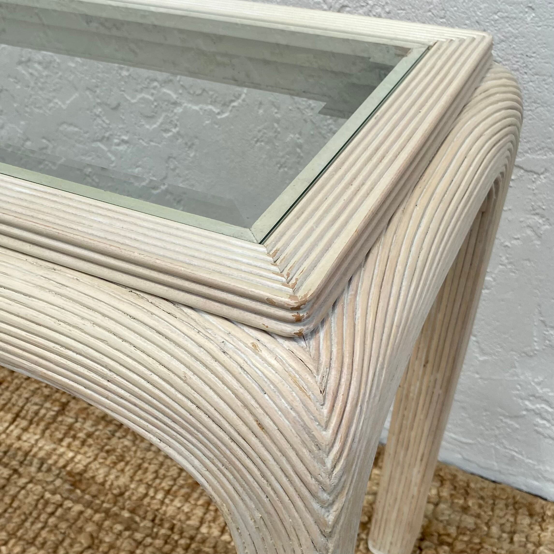 Pencil Reed Console Table with Waterfall Edges & Beveled Glass Top - Vintage Hollywood Regency Postmodern Furniture - Thumbnail 5