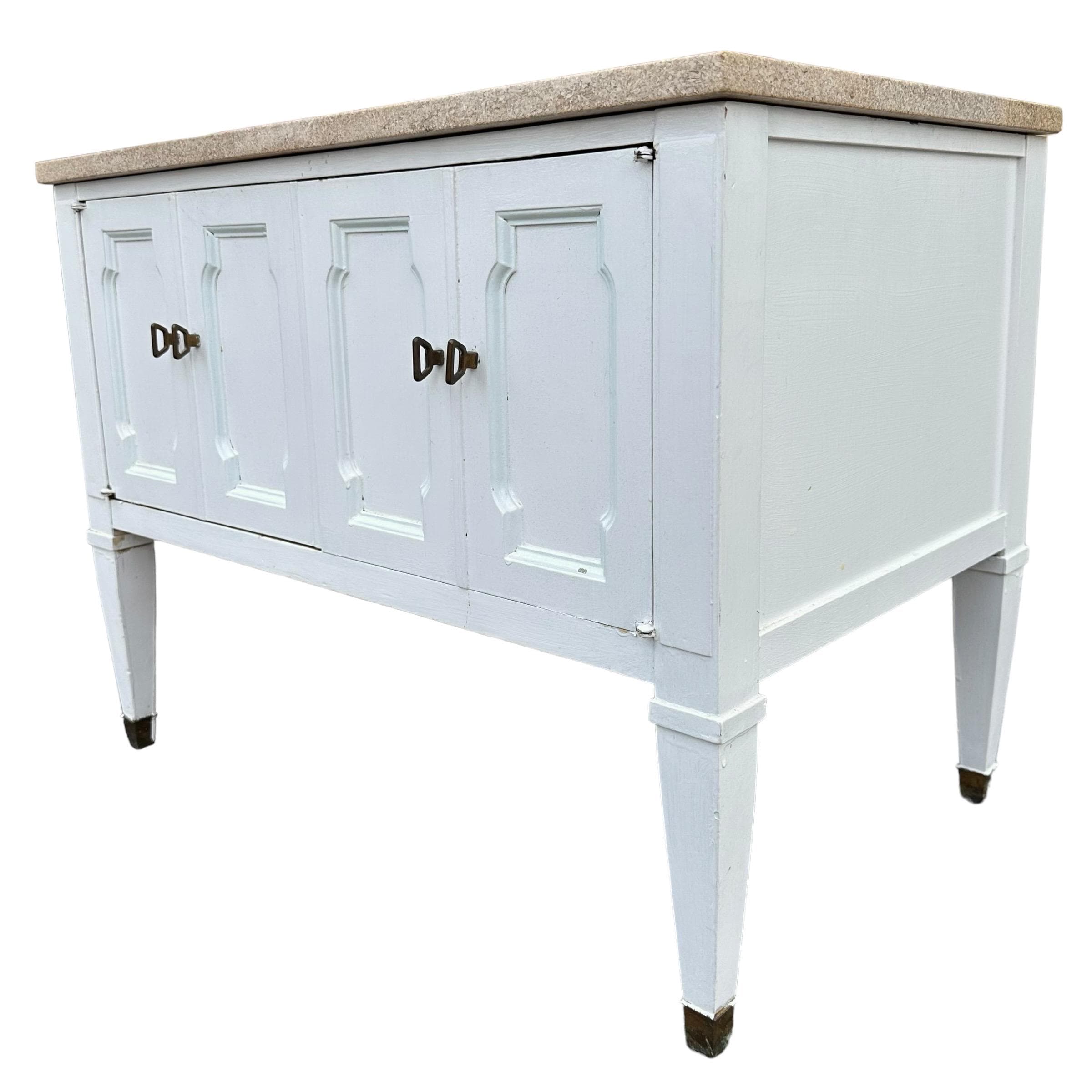 White End Table with Terrazzo Stone Top 28x18x22”H - Vintage Commode Nightstand or Accent Storage Cabinet in French Country Style - Thumbnail 8