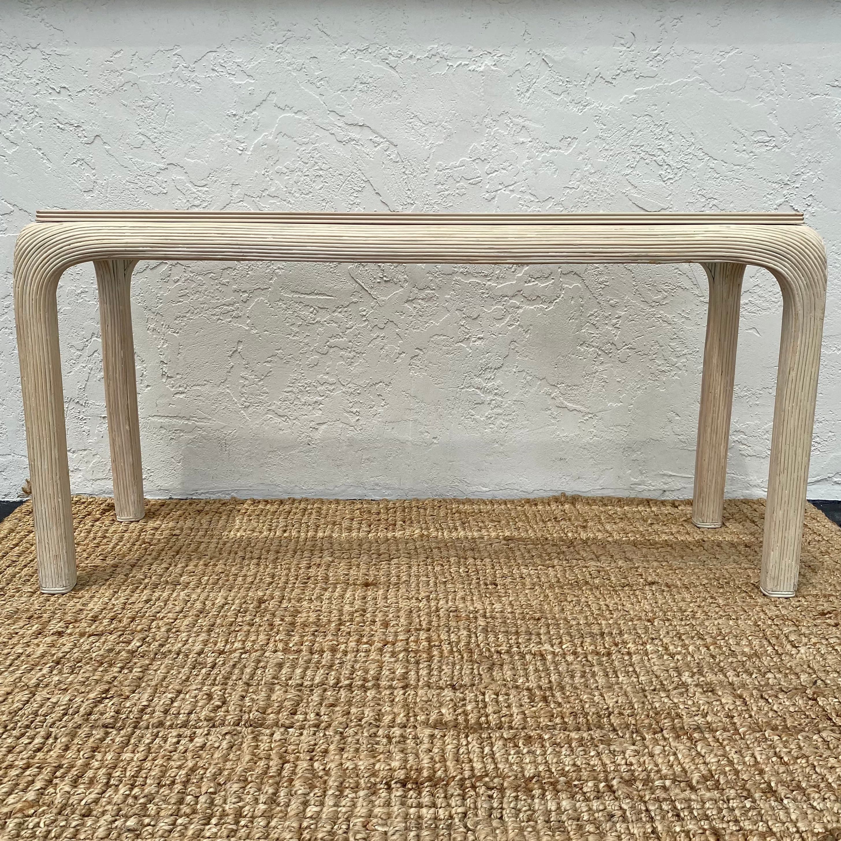 Pencil Reed Console Table with Waterfall Edges & Beveled Glass Top - Vintage Hollywood Regency Postmodern Furniture - Thumbnail 9