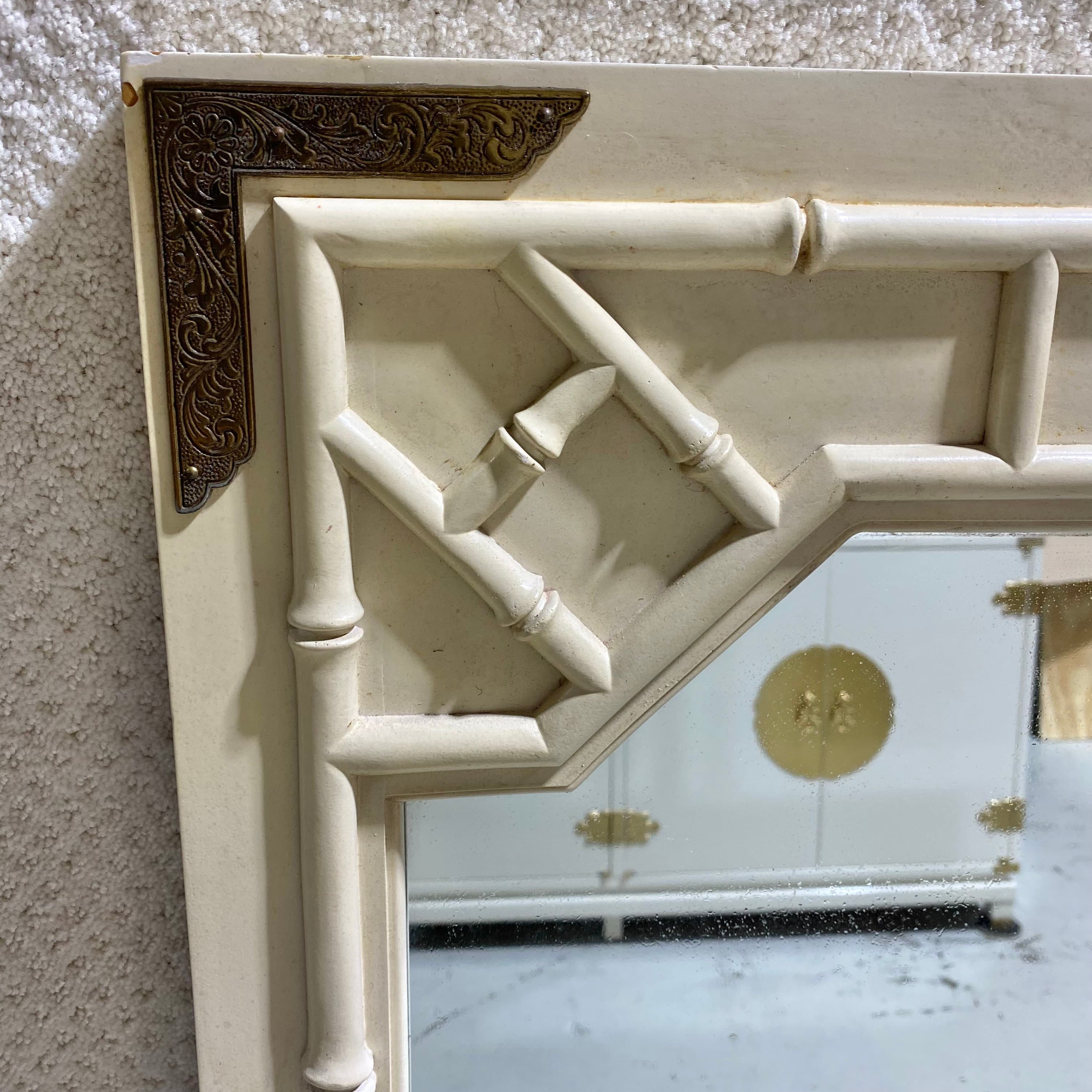 Chinoiserie Mirror by Thomasville 46x28 LOCAL PICKUP Vintage Creamy White Faux Bamboo Fretwork Brass Asian Chinese Chippendale Style - Thumbnail 4