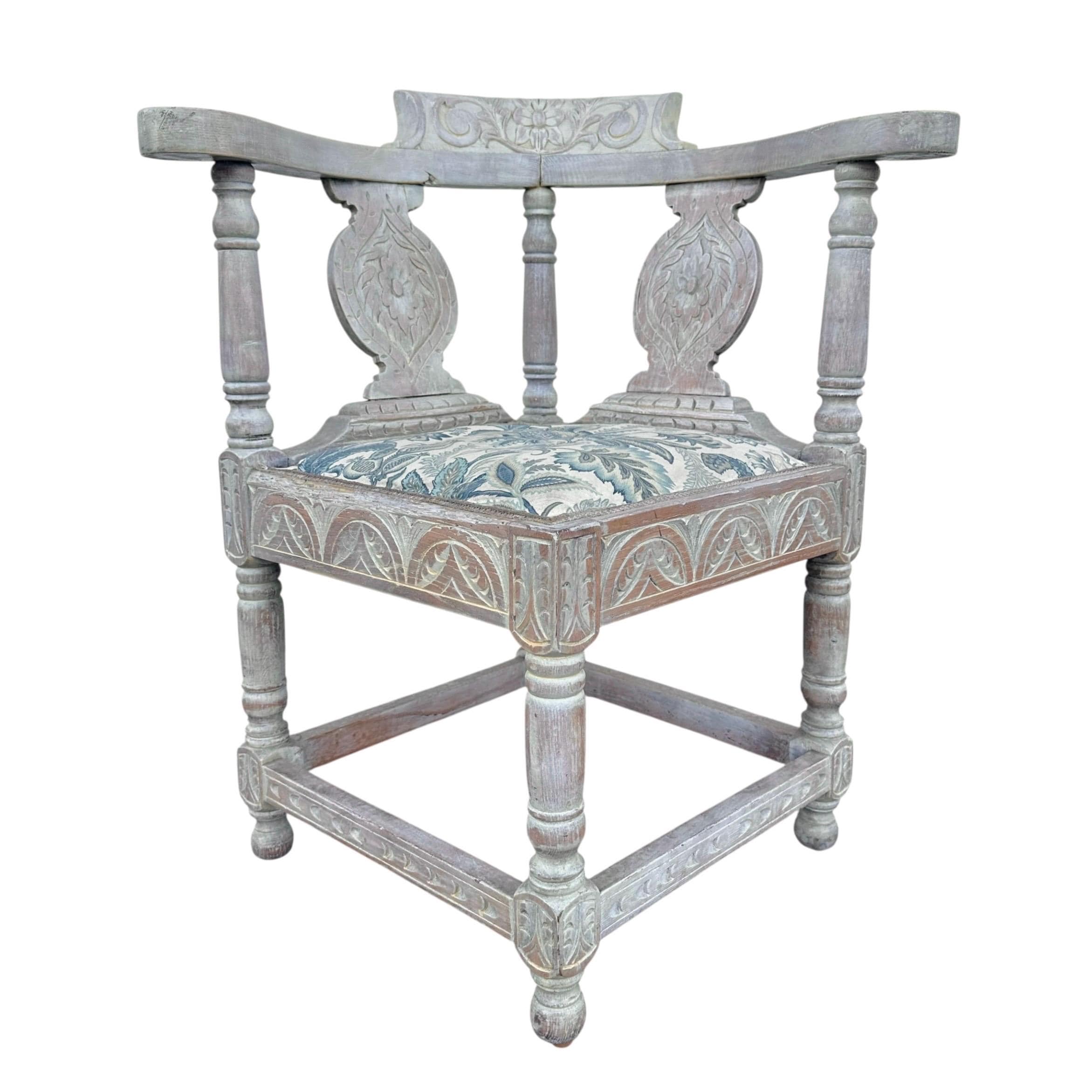 Vintage Carved Wood Corner Chair: Blue Floral Upholstered Accent Armchair - Image 1