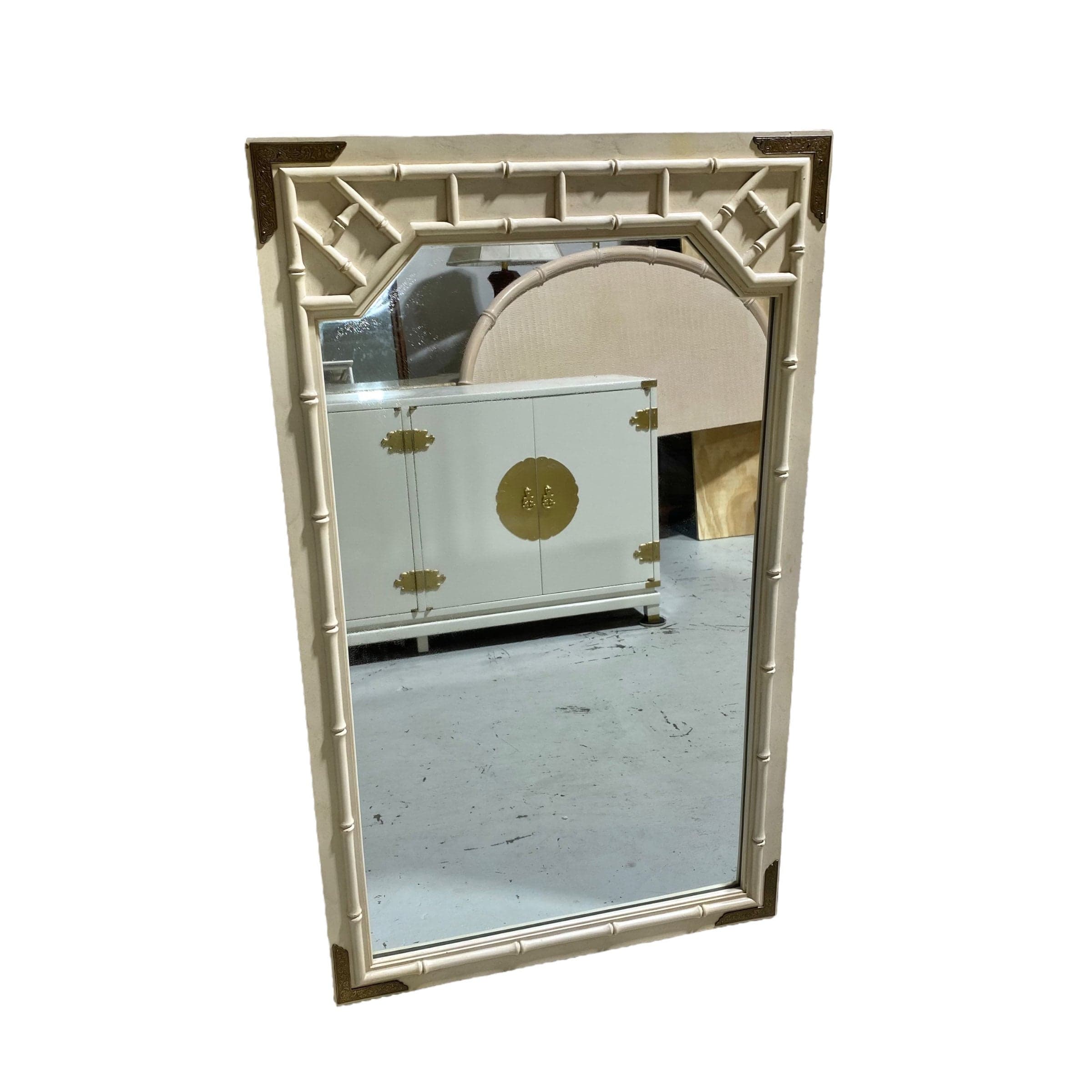 Chinoiserie Mirror by Thomasville 46x28 LOCAL PICKUP Vintage Creamy White Faux Bamboo Fretwork Brass Asian Chinese Chippendale Style - Thumbnail 7