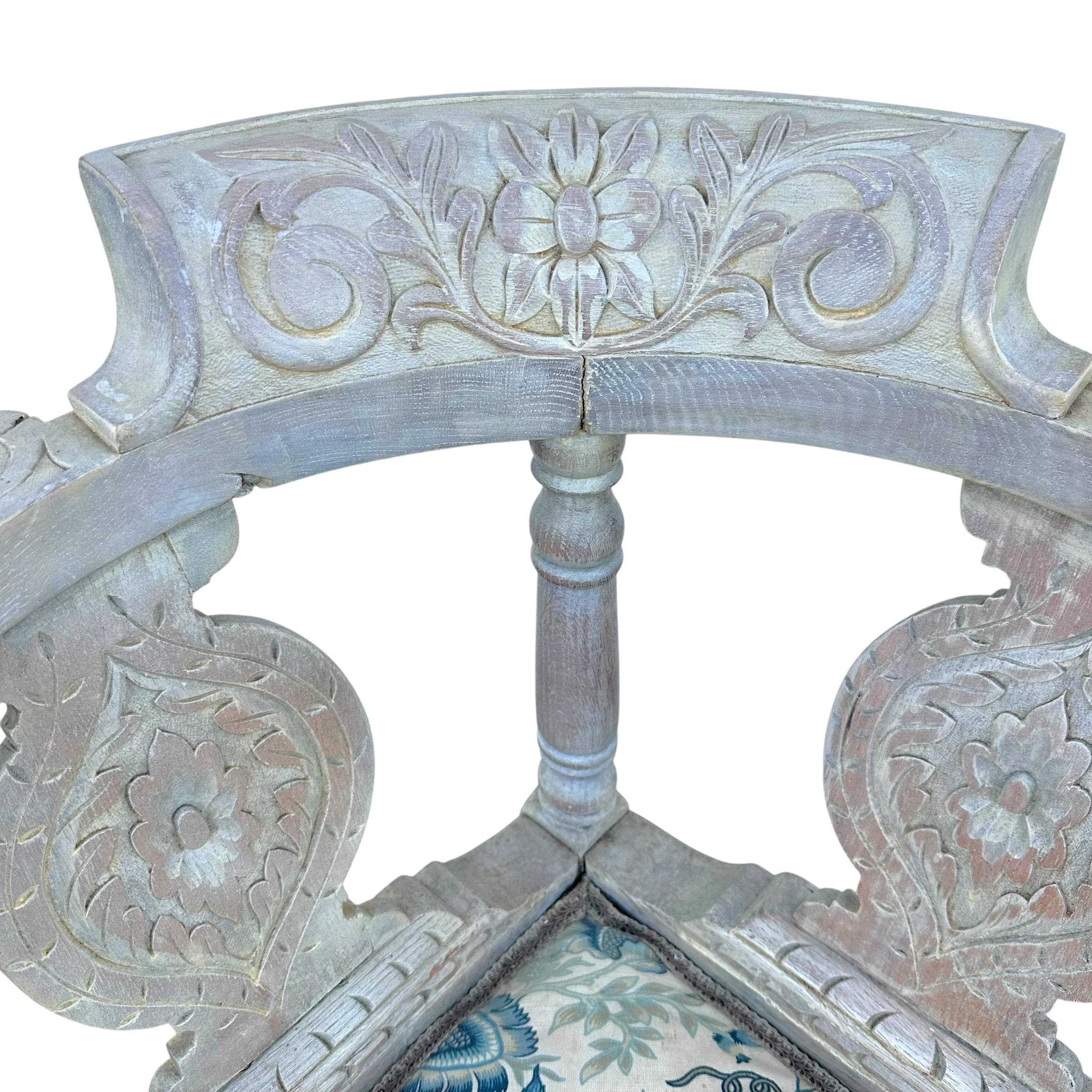 Vintage Carved Wood Corner Chair: Blue Floral Upholstered Accent Armchair - Thumbnail 3
