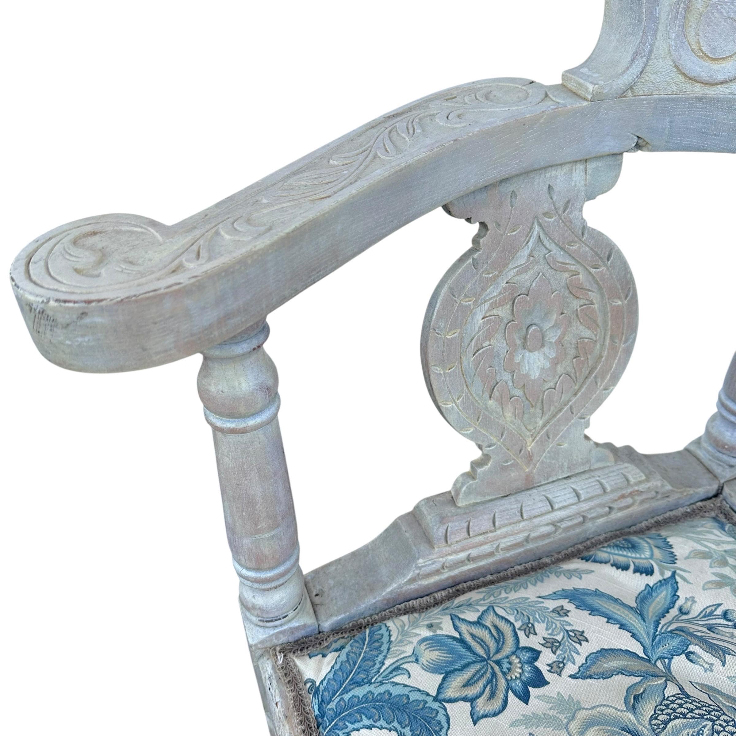 Vintage Carved Wood Corner Chair: Blue Floral Upholstered Accent Armchair - Thumbnail 5
