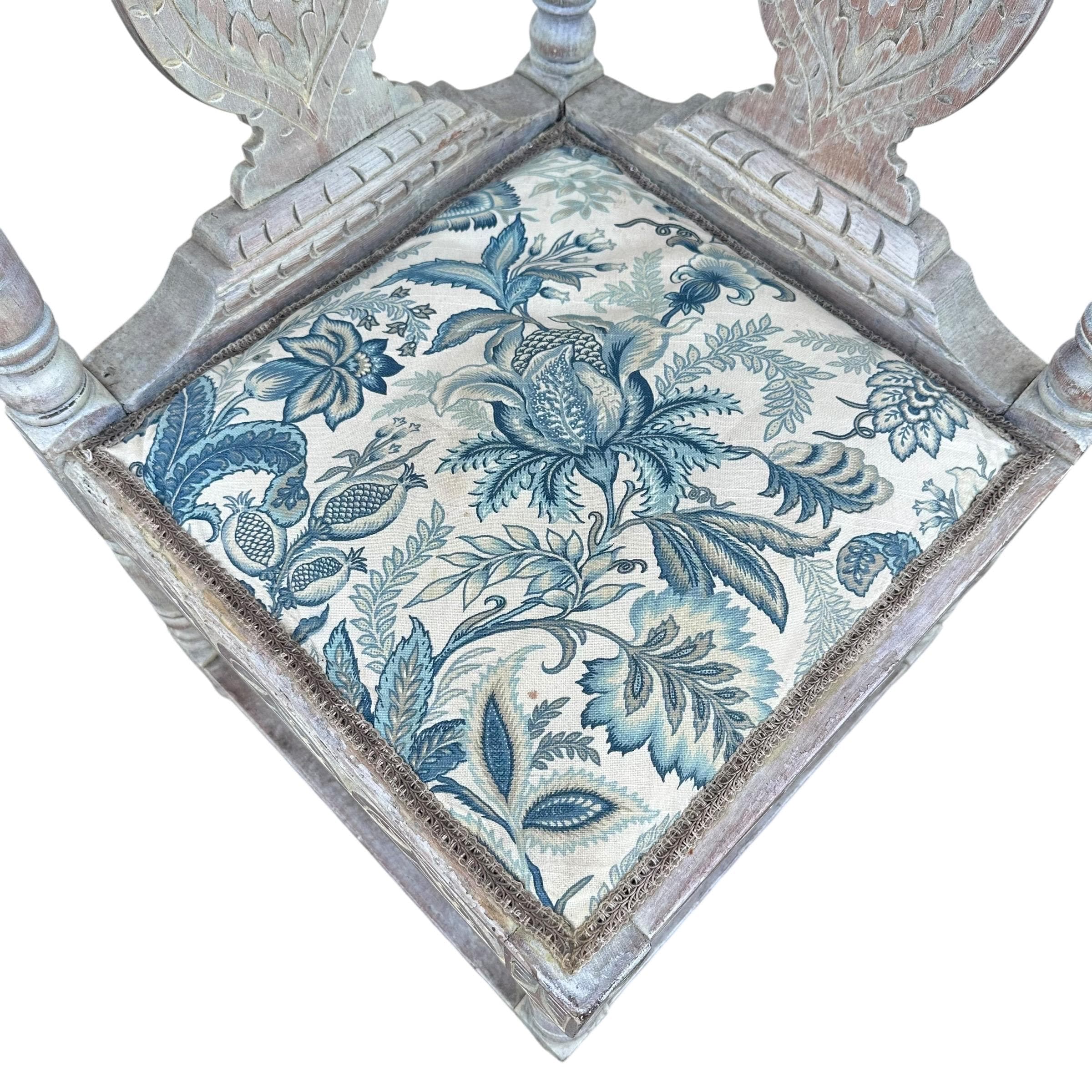 Vintage Carved Wood Corner Chair: Blue Floral Upholstered Accent Armchair - Thumbnail 4