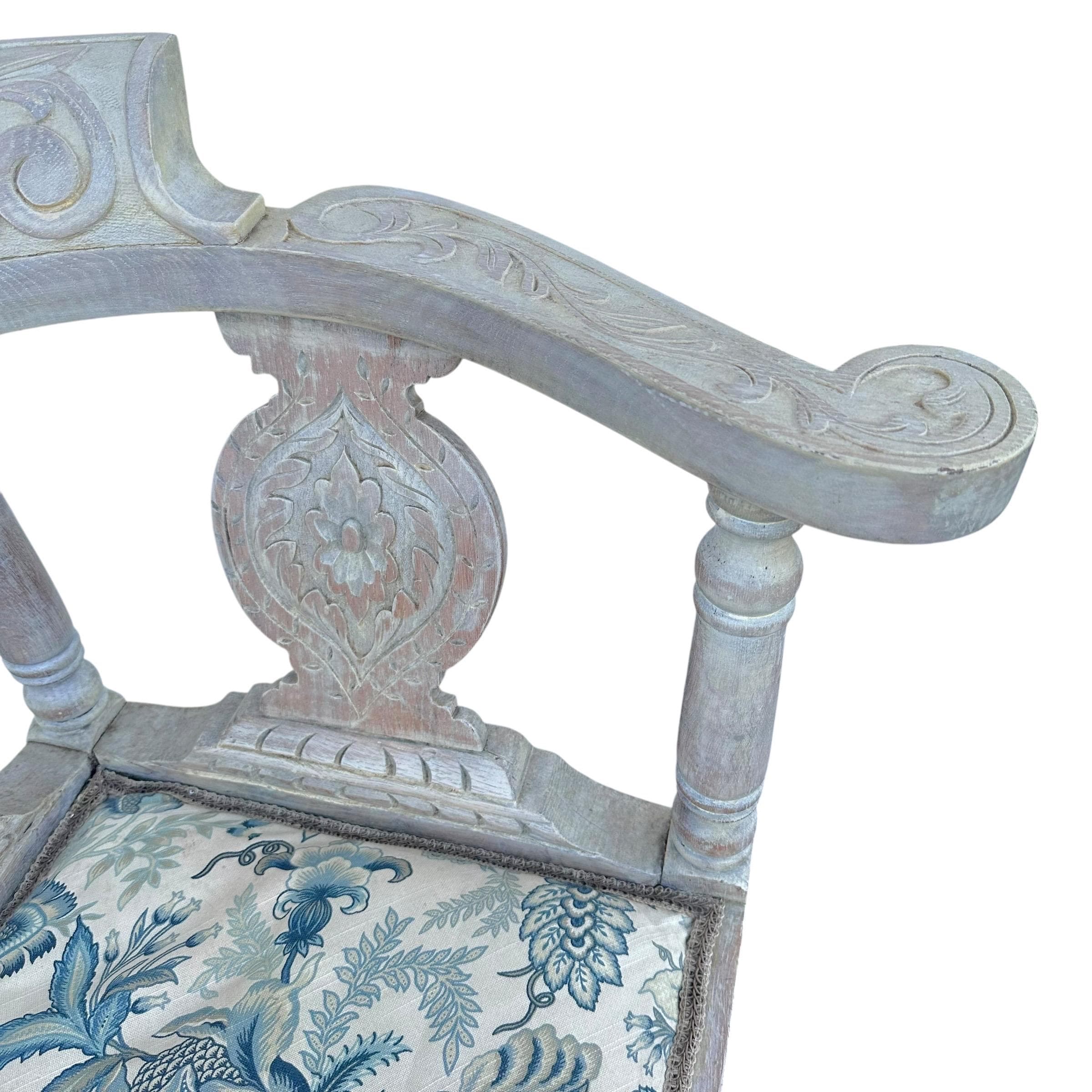 Vintage Carved Wood Corner Chair: Blue Floral Upholstered Accent Armchair - Thumbnail 6