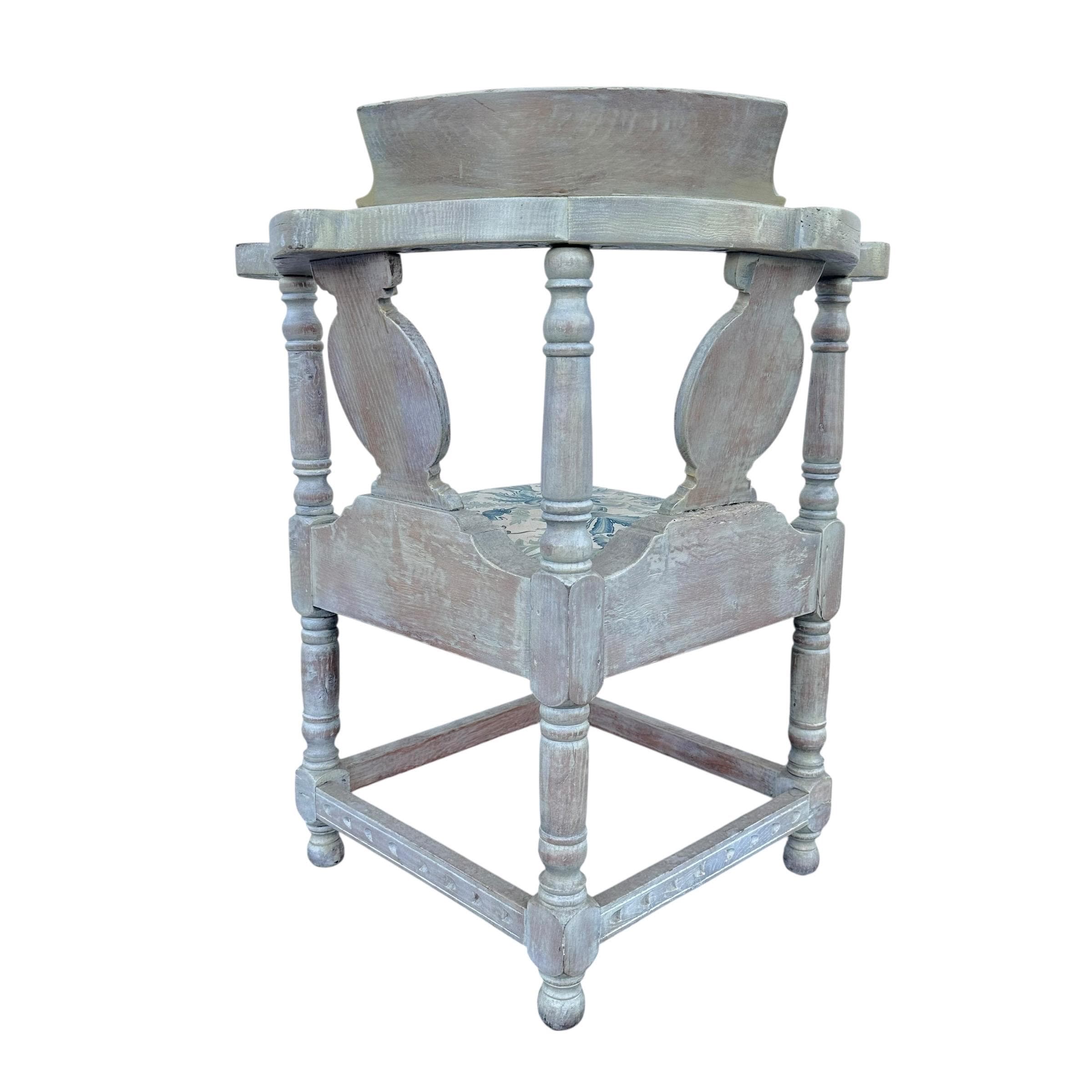 Vintage Carved Wood Corner Chair: Blue Floral Upholstered Accent Armchair - Thumbnail 9