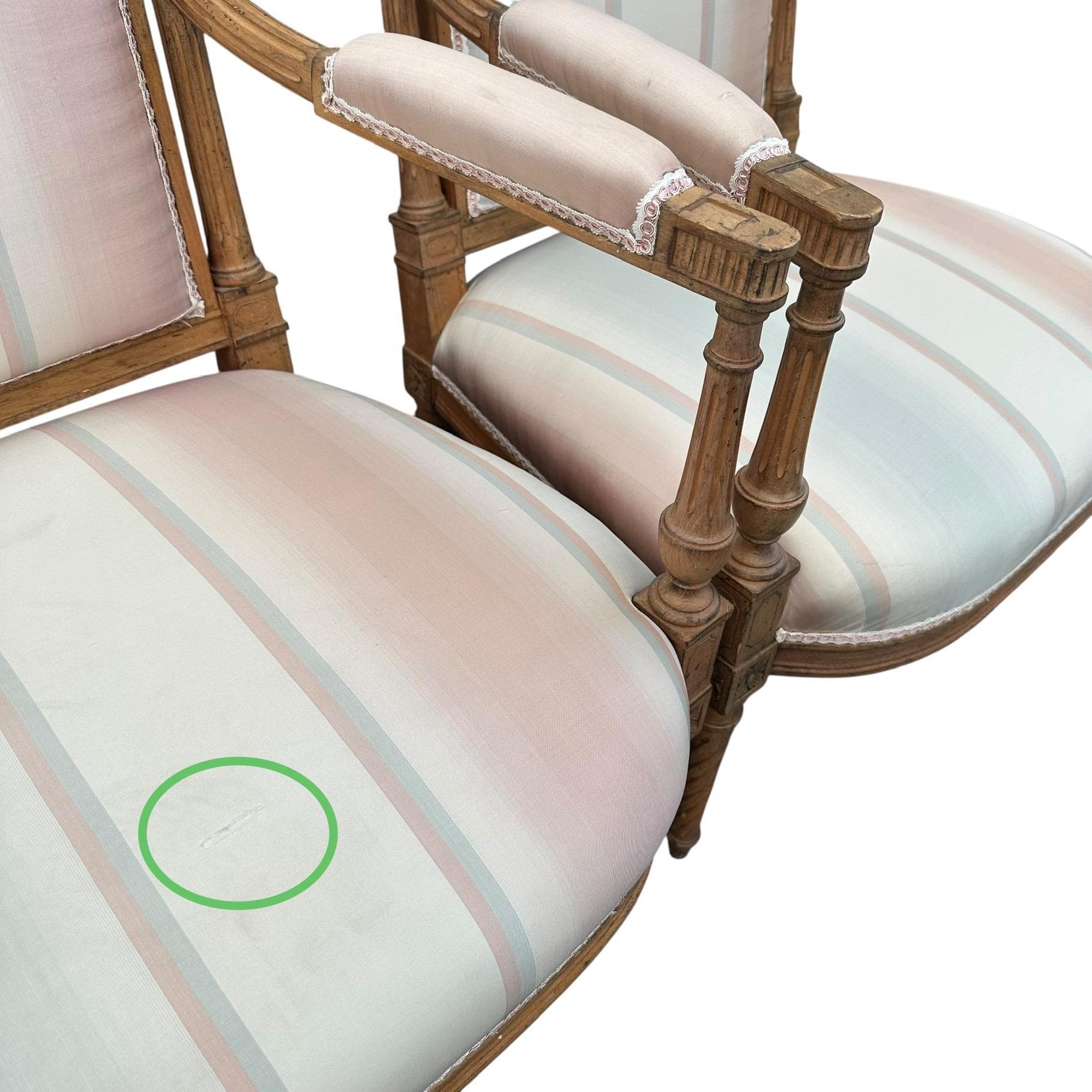 Louis XVI Style Armchairs: Vintage Carved Wood, Striped Upholstery - Set of 2 - Thumbnail 4