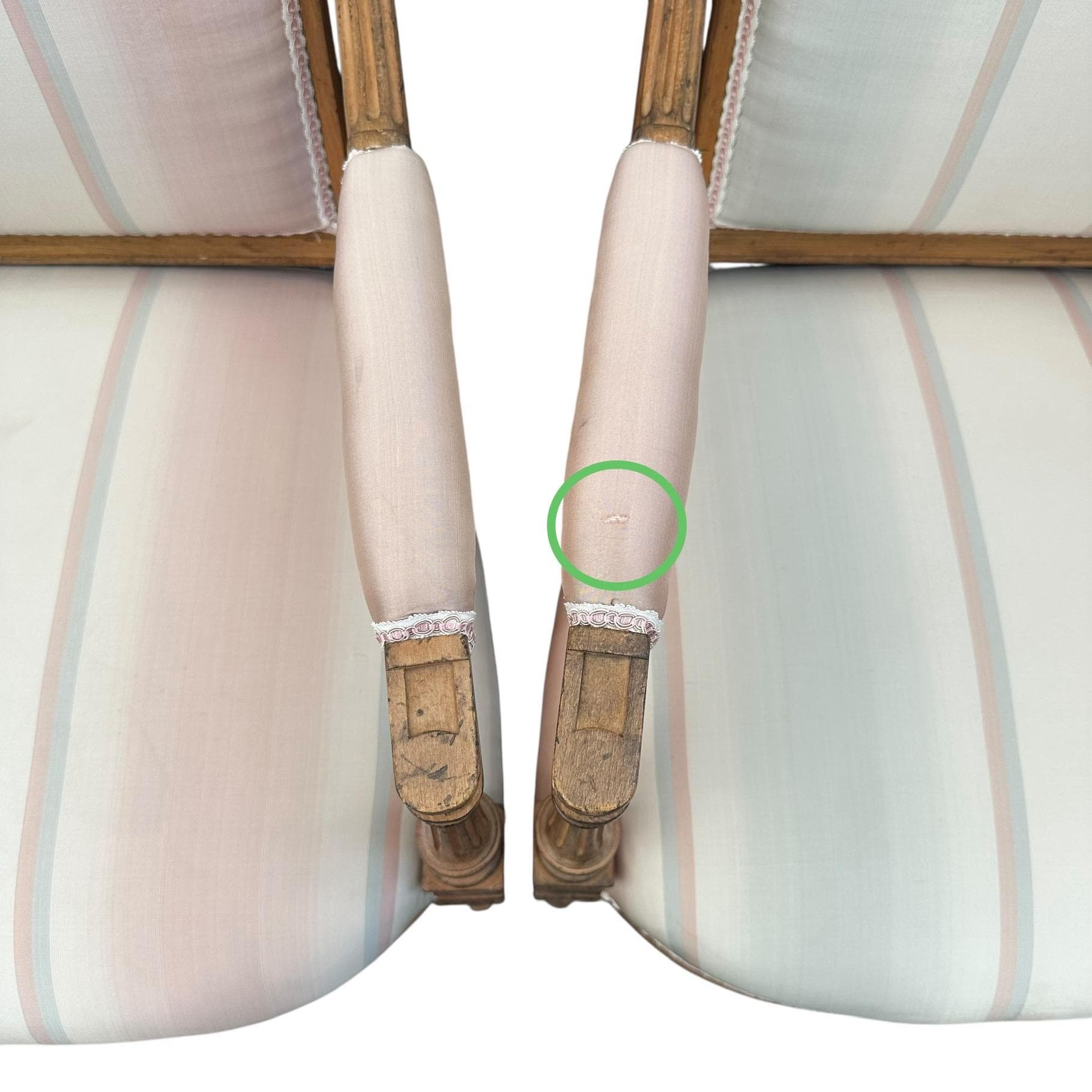 Louis XVI Style Armchairs: Vintage Carved Wood, Striped Upholstery - Set of 2 - Thumbnail 5