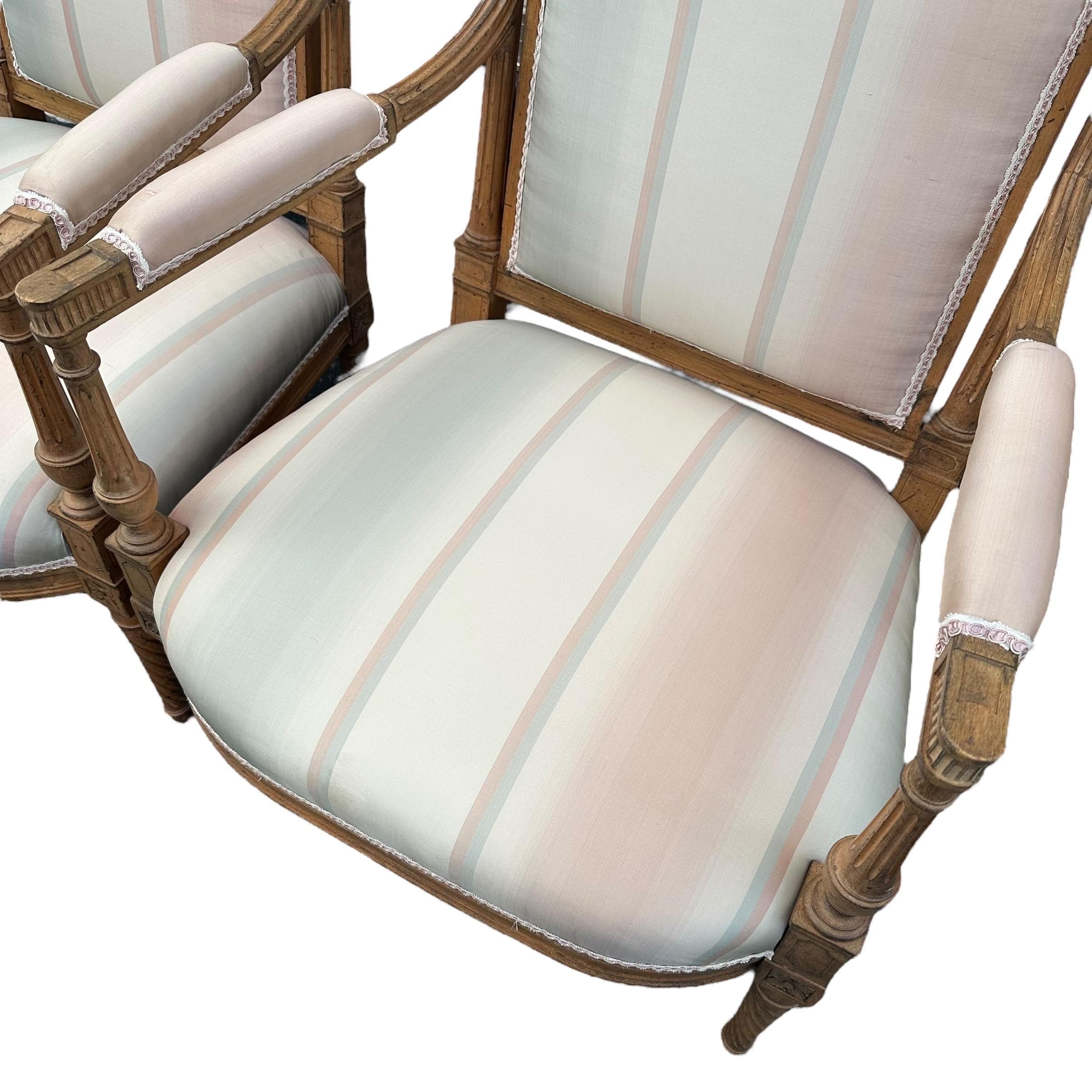 Louis XVI Style Armchairs: Vintage Carved Wood, Striped Upholstery - Set of 2 - Thumbnail 6