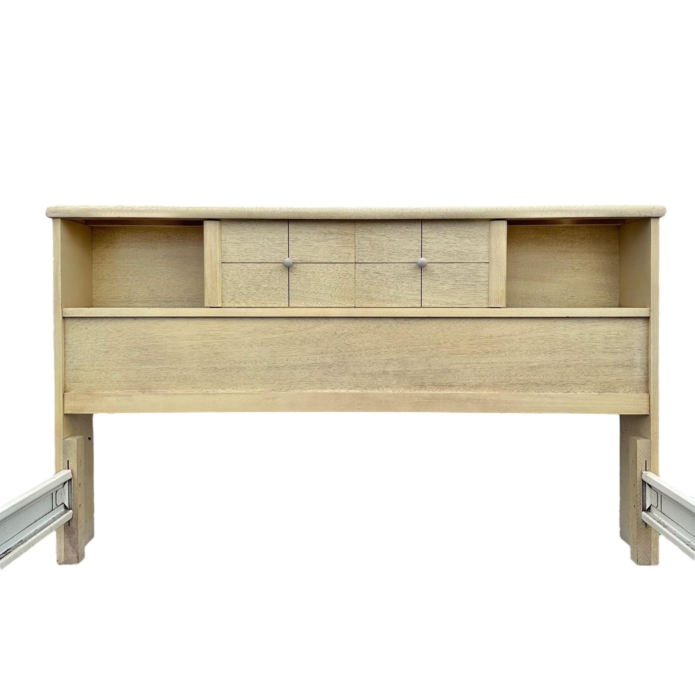 Mid Century Modern Full Size Bed Frame: Blonde Wood Storage Headboard, Brass Accents - Thumbnail 2