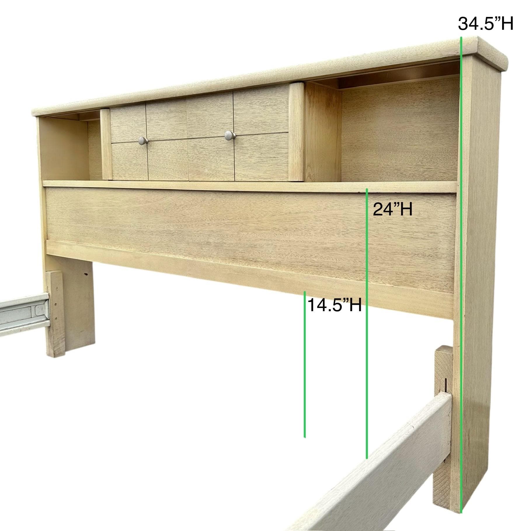 Mid Century Modern Full Size Bed Frame: Blonde Wood Storage Headboard, Brass Accents - Thumbnail 6