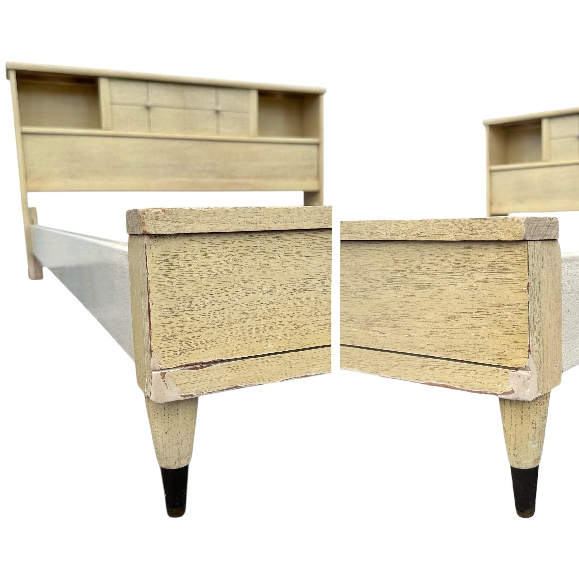 Mid Century Modern Full Size Bed Frame: Blonde Wood Storage Headboard, Brass Accents - Thumbnail 10