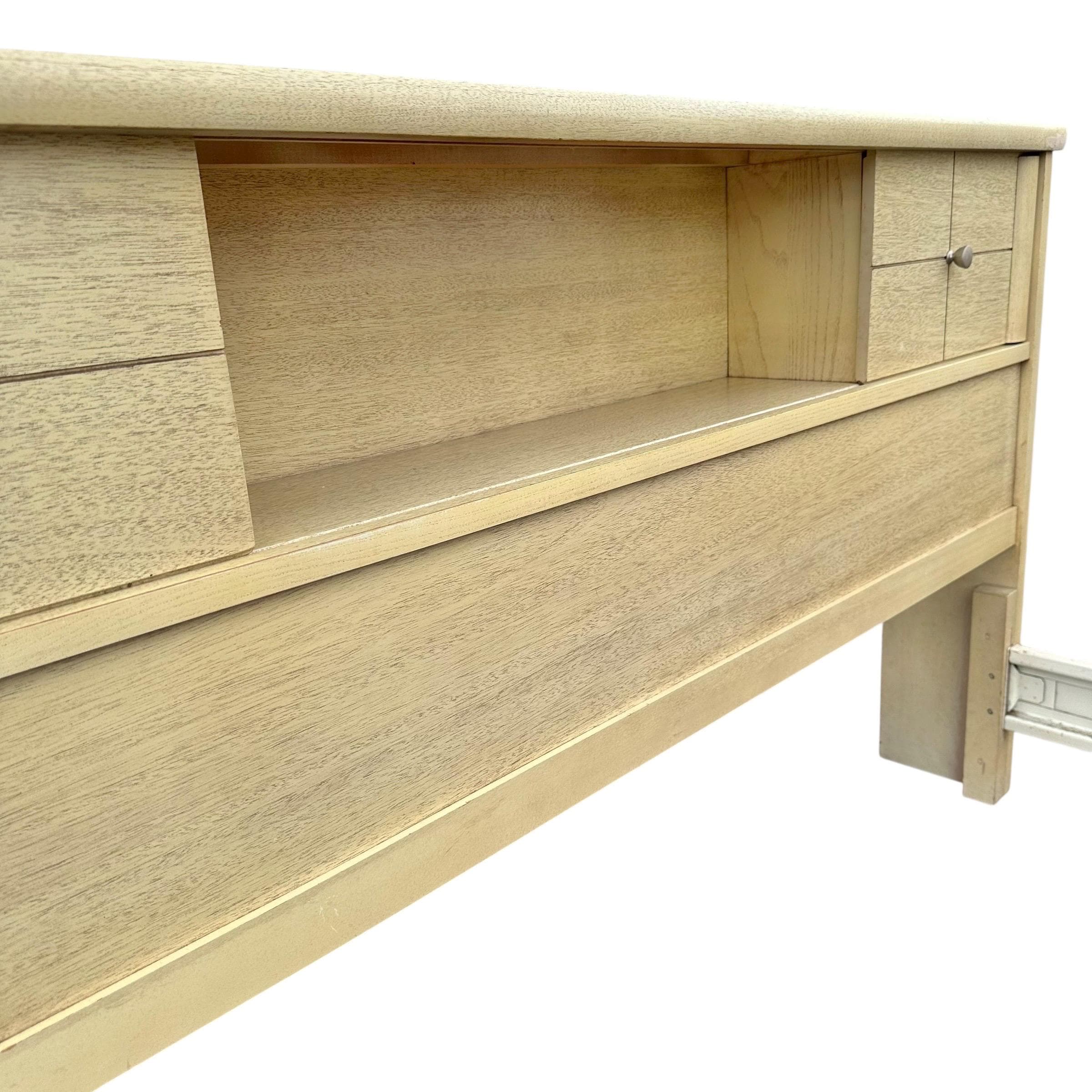 Mid Century Modern Full Size Bed Frame: Blonde Wood Storage Headboard, Brass Accents - Thumbnail 8