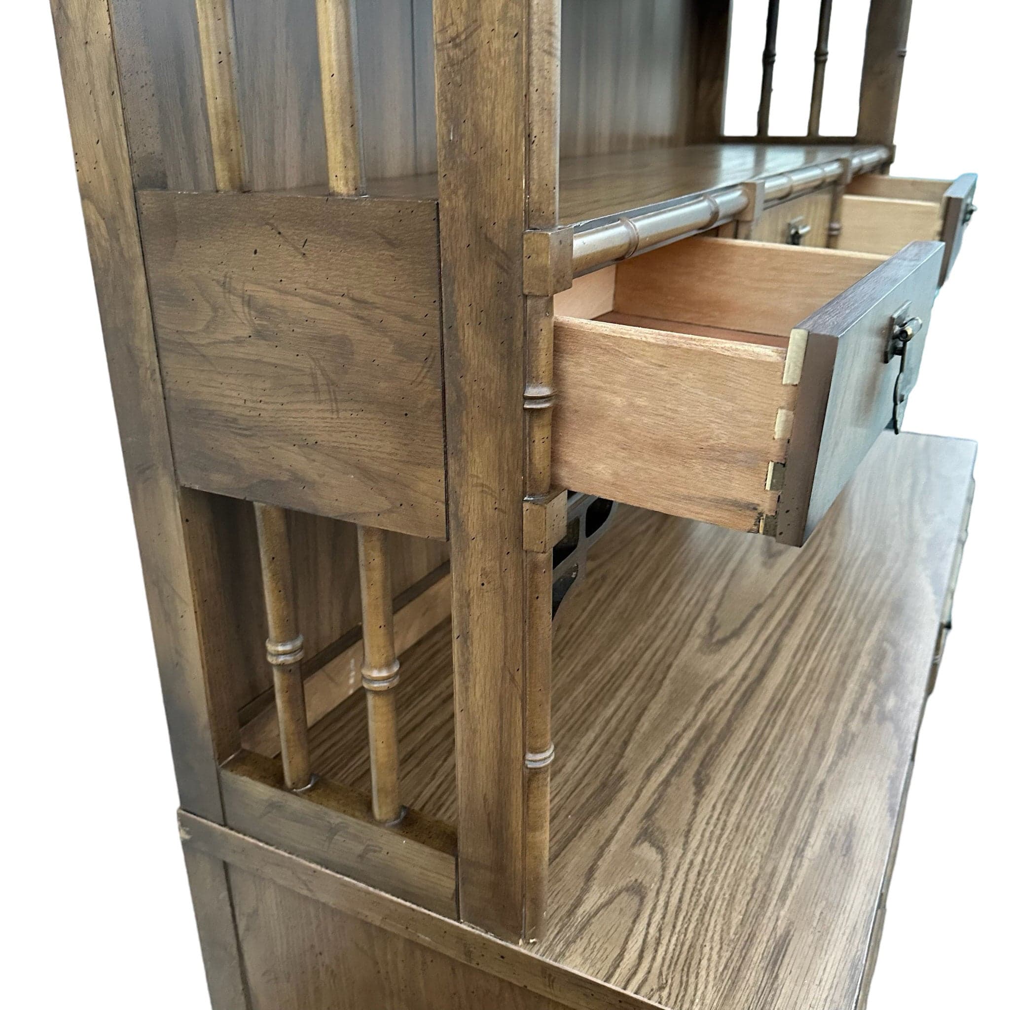 Faux Bamboo Desk and Lighted Bookcase by Dixie ShangriLa - Rare 2 Piece Vintage Chinoiserie Wood Hollywood Regency Bookshelf Hutch Furniture - Thumbnail 6