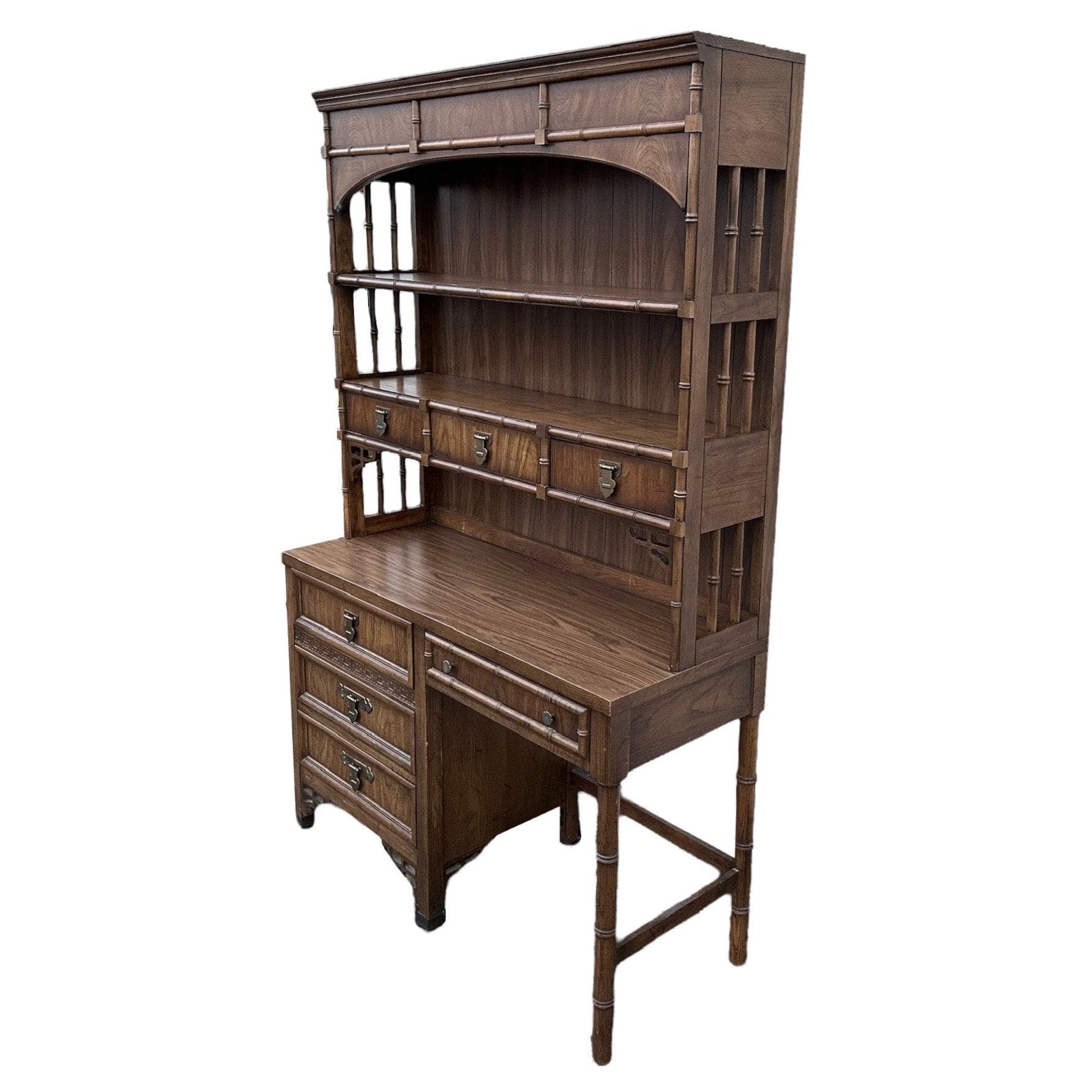 Faux Bamboo Desk and Lighted Bookcase by Dixie ShangriLa - Rare 2 Piece Vintage Chinoiserie Wood Hollywood Regency Bookshelf Hutch Furniture - Thumbnail 8