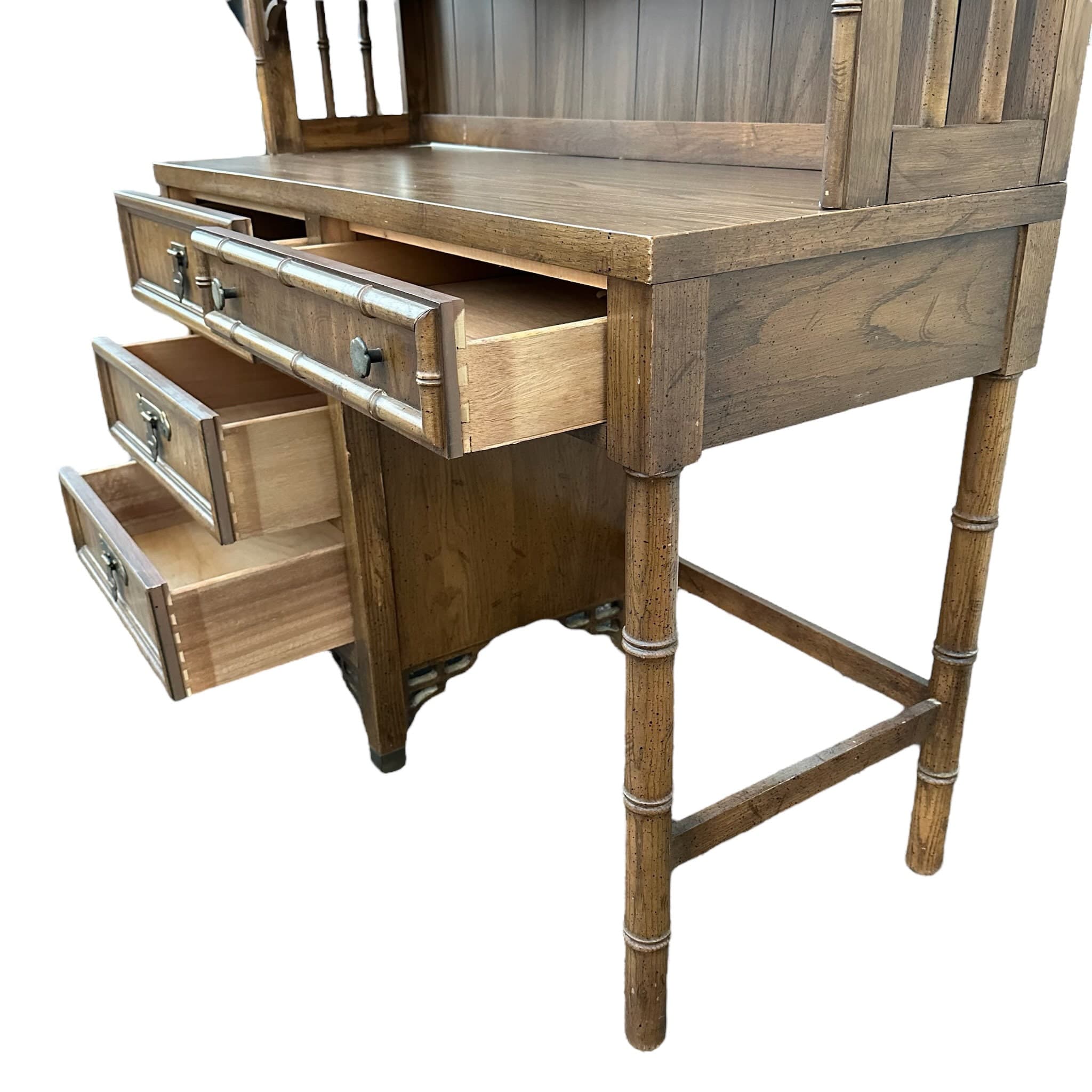 Faux Bamboo Desk and Lighted Bookcase by Dixie ShangriLa - Rare 2 Piece Vintage Chinoiserie Wood Hollywood Regency Bookshelf Hutch Furniture - Thumbnail 4