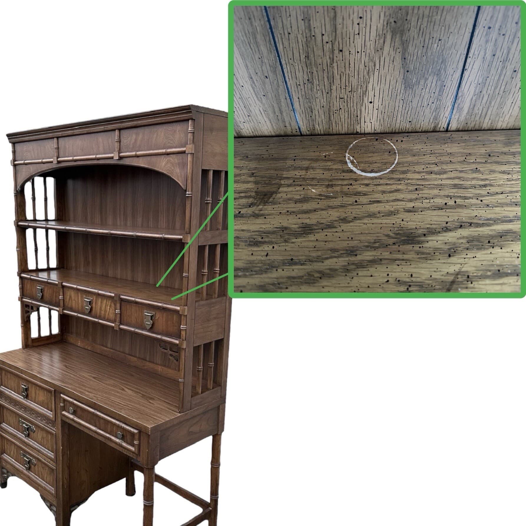 Faux Bamboo Desk and Lighted Bookcase by Dixie ShangriLa - Rare 2 Piece Vintage Chinoiserie Wood Hollywood Regency Bookshelf Hutch Furniture - Thumbnail 9