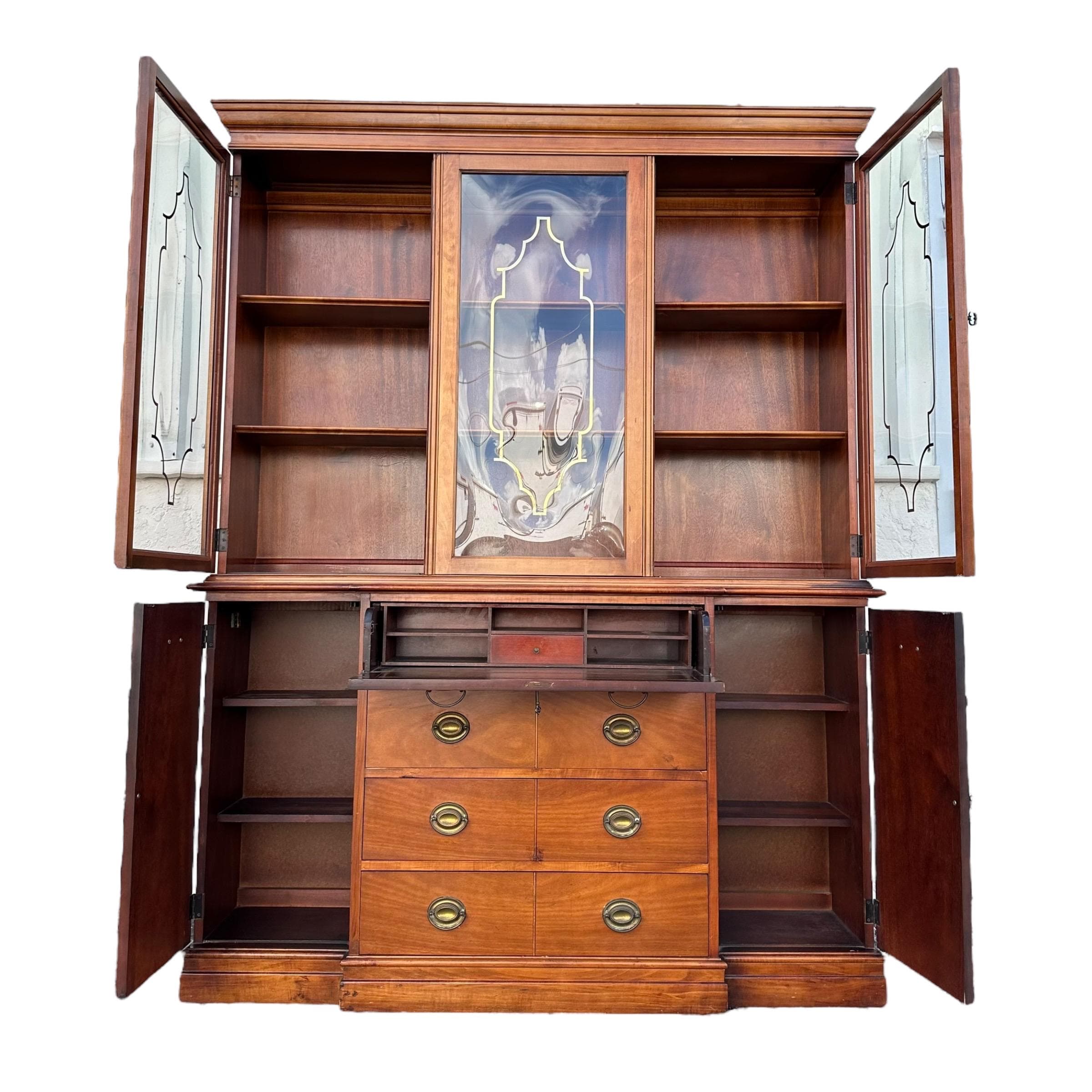 Vintage Cabinet with Gold Pagoda Bubble Glass Doors & Skeleton Key - Georgian Style Wood Butler’s Hutch Breakfront China Domed Display Case - Thumbnail 3