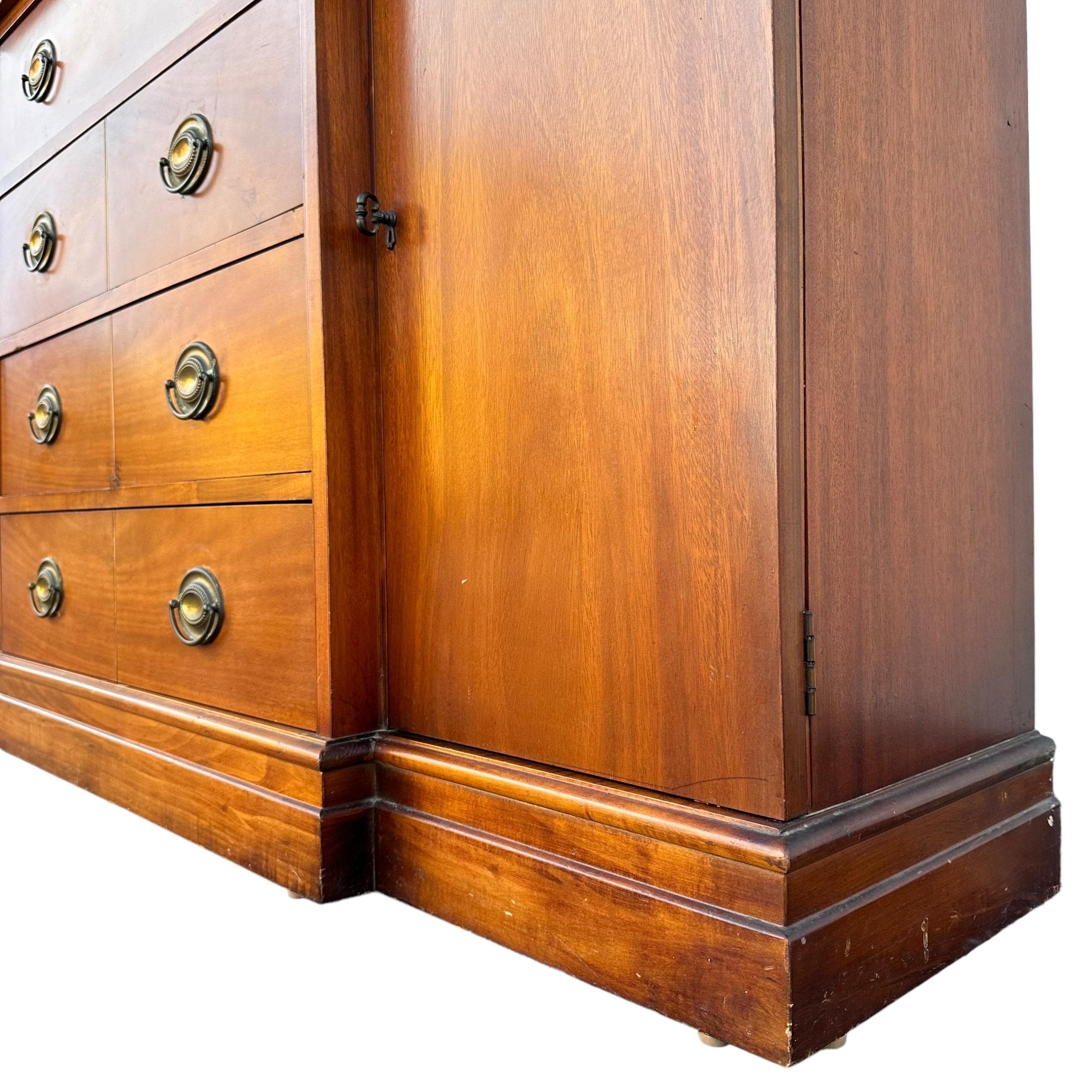 Vintage Cabinet with Gold Pagoda Bubble Glass Doors & Skeleton Key - Georgian Style Wood Butler’s Hutch Breakfront China Domed Display Case - Thumbnail 8