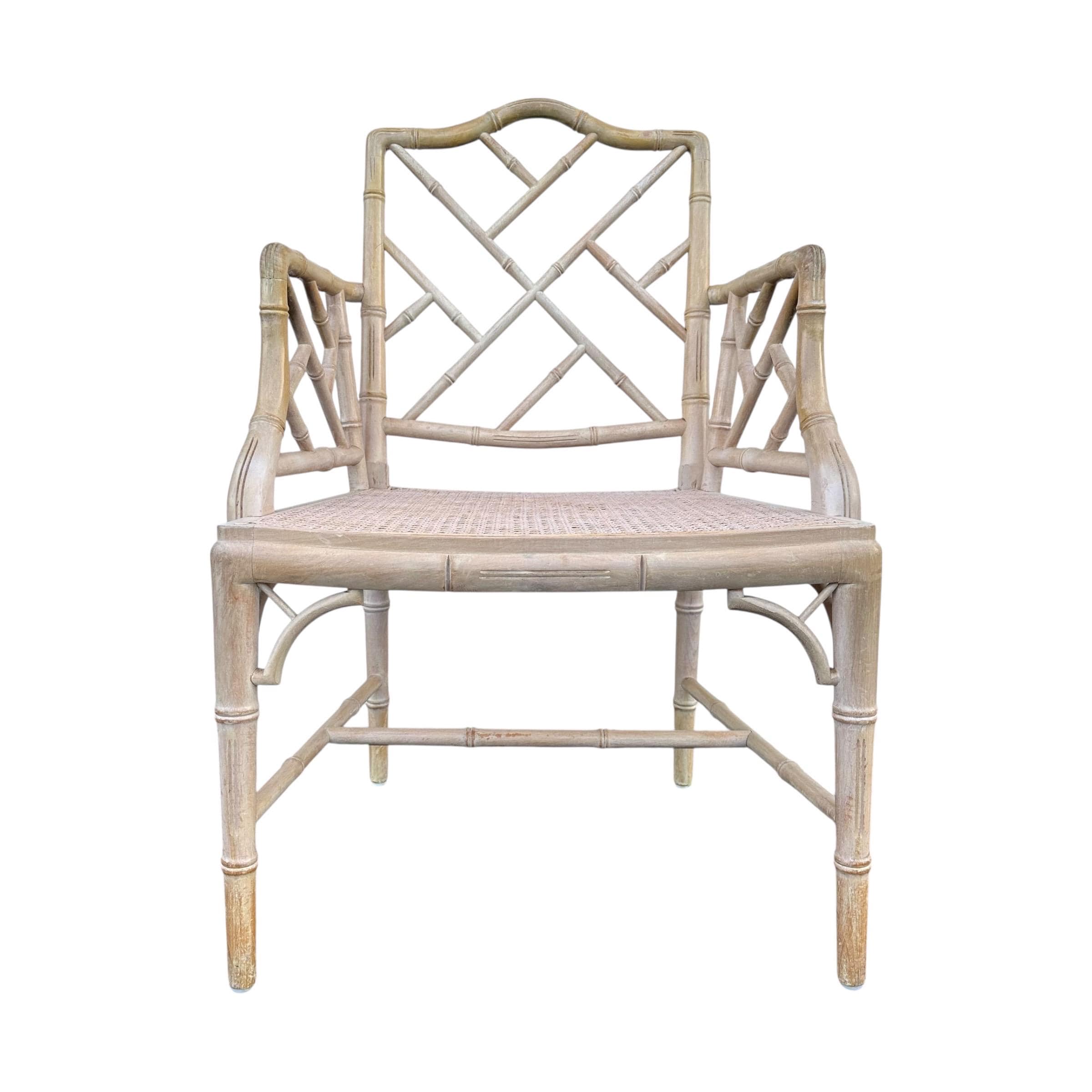 Vintage Chinese Chippendale Arm Chair - Faux Bamboo, Rattan Cane Seat, Whitewashed Wood, Chinoiserie Fretwork, Cushions, Hollywood Regency - Image 1