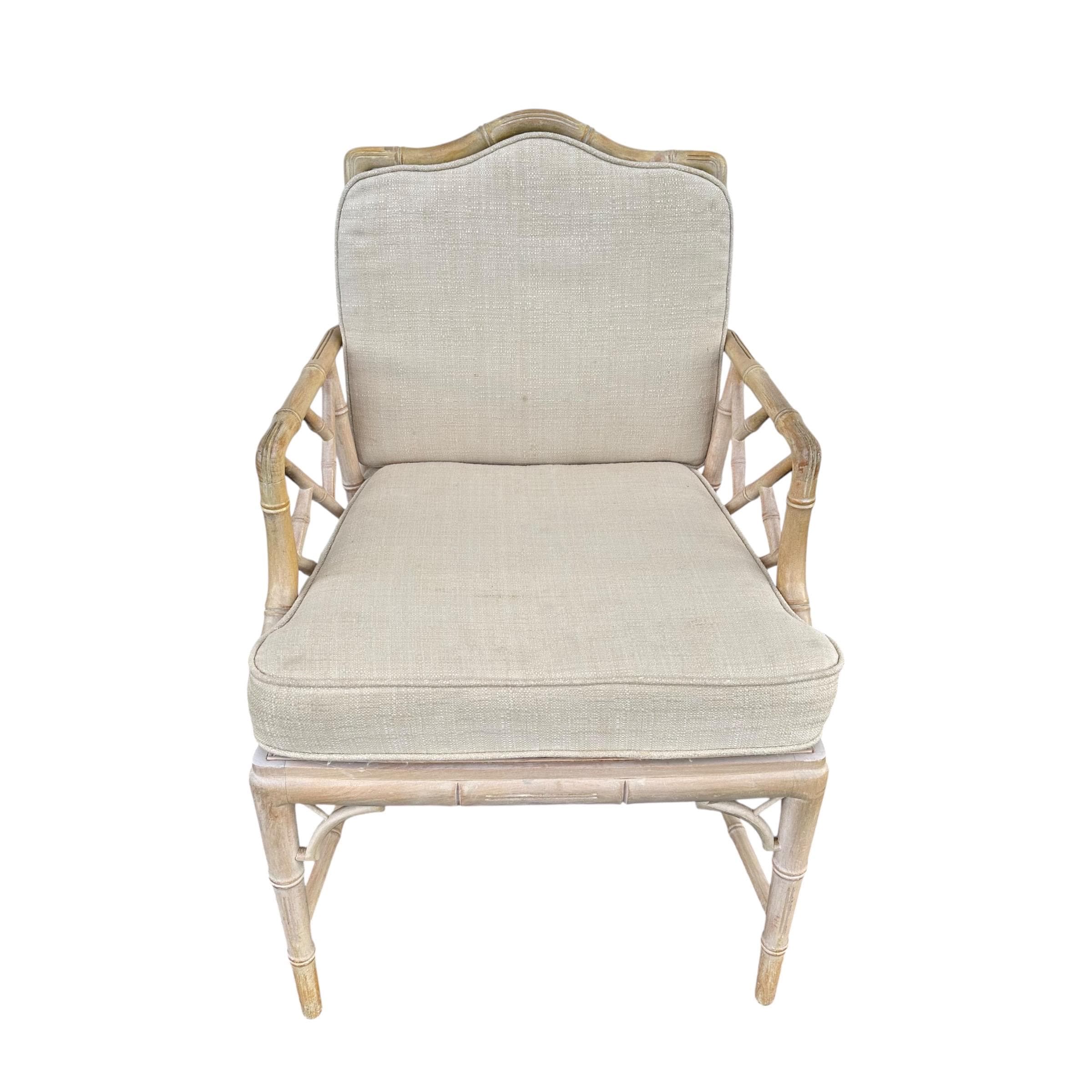 Vintage Chinese Chippendale Arm Chair - Faux Bamboo, Rattan Cane Seat, Whitewashed Wood, Chinoiserie Fretwork, Cushions, Hollywood Regency - Thumbnail 3