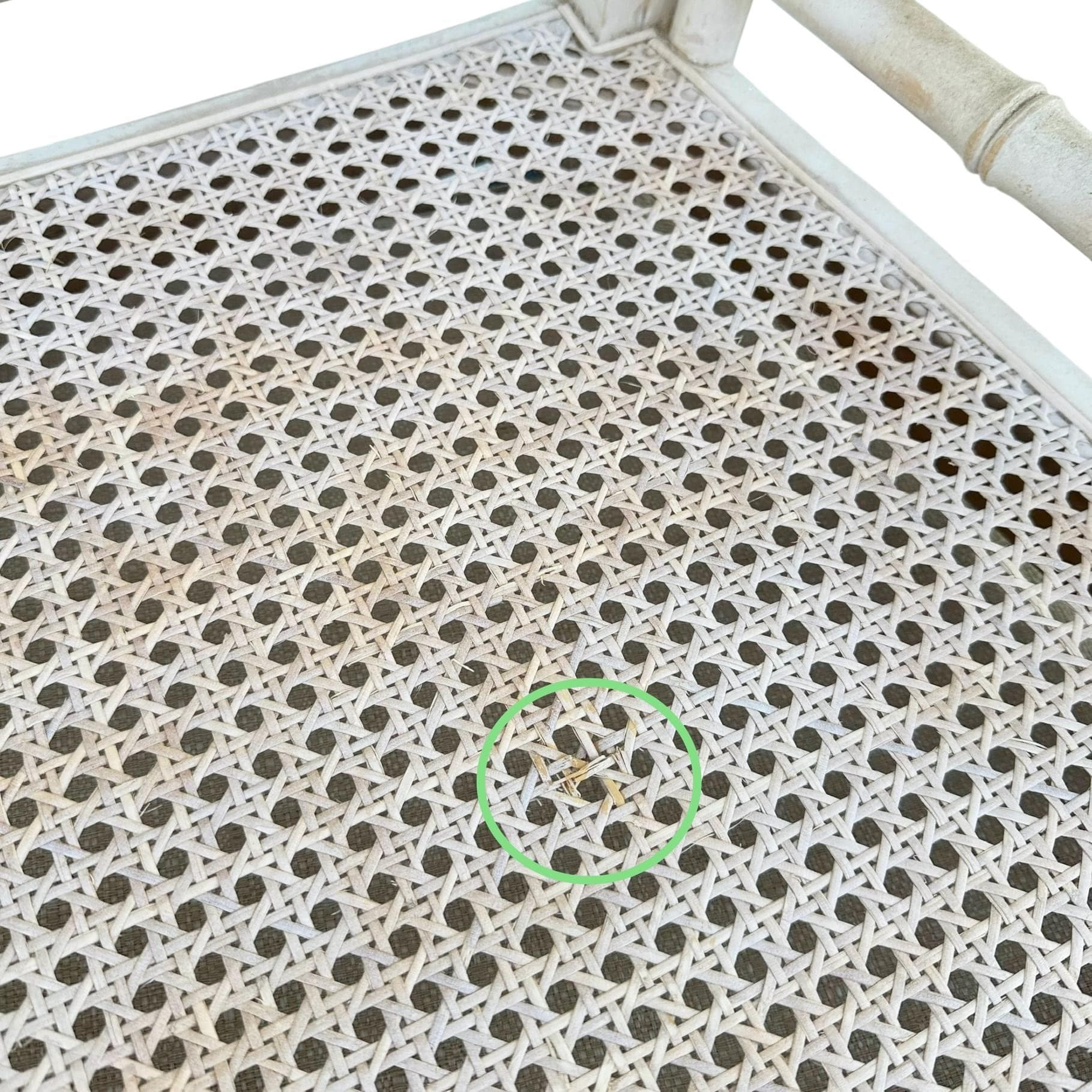 Vintage Chinese Chippendale Arm Chair - Faux Bamboo, Rattan Cane Seat, Whitewashed Wood, Chinoiserie Fretwork, Cushions, Hollywood Regency - Thumbnail 8