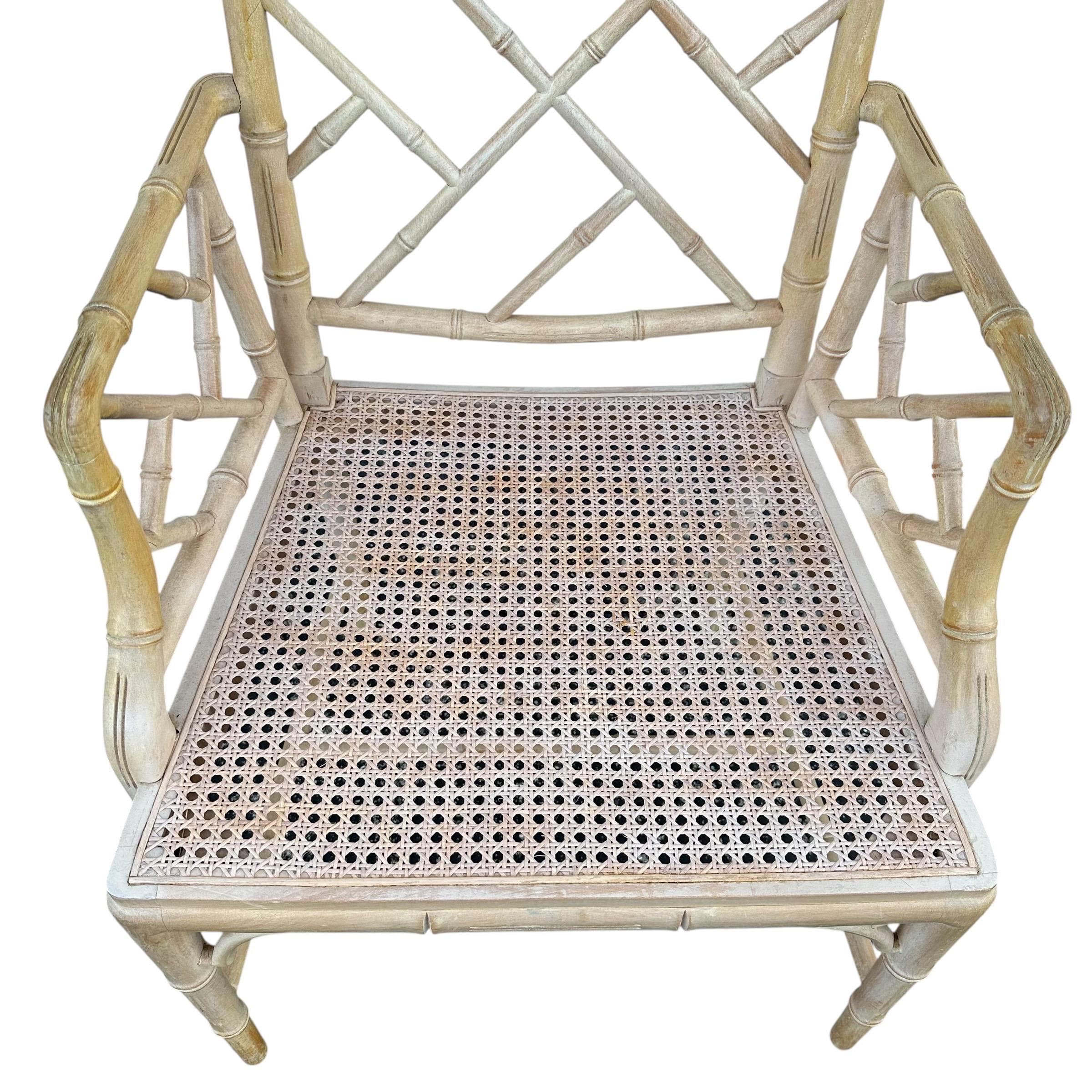 Vintage Chinese Chippendale Arm Chair - Faux Bamboo, Rattan Cane Seat, Whitewashed Wood, Chinoiserie Fretwork, Cushions, Hollywood Regency - Thumbnail 7