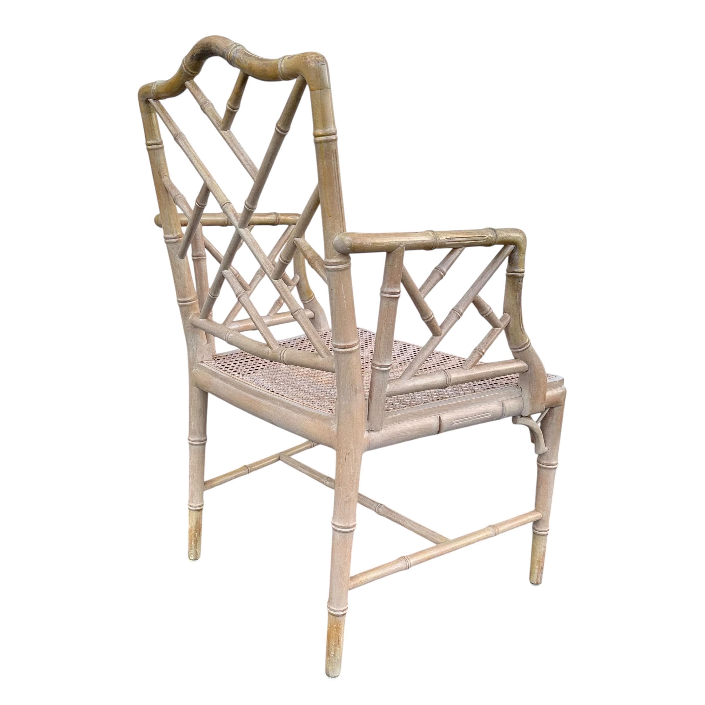 Vintage Chinese Chippendale Arm Chair - Faux Bamboo, Rattan Cane Seat, Whitewashed Wood, Chinoiserie Fretwork, Cushions, Hollywood Regency - Thumbnail 9
