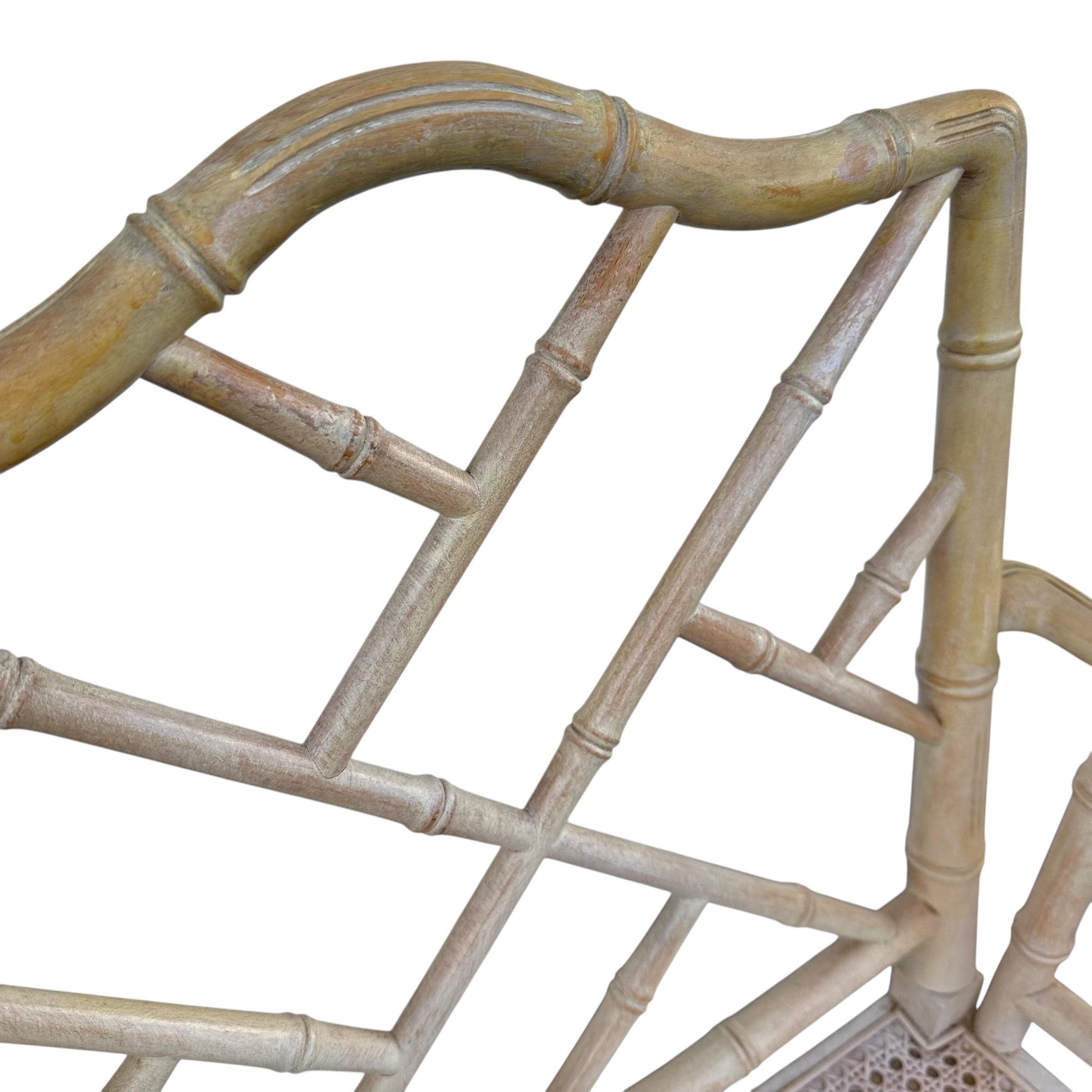 Vintage Chinese Chippendale Arm Chair - Faux Bamboo, Rattan Cane Seat, Whitewashed Wood, Chinoiserie Fretwork, Cushions, Hollywood Regency - Thumbnail 6